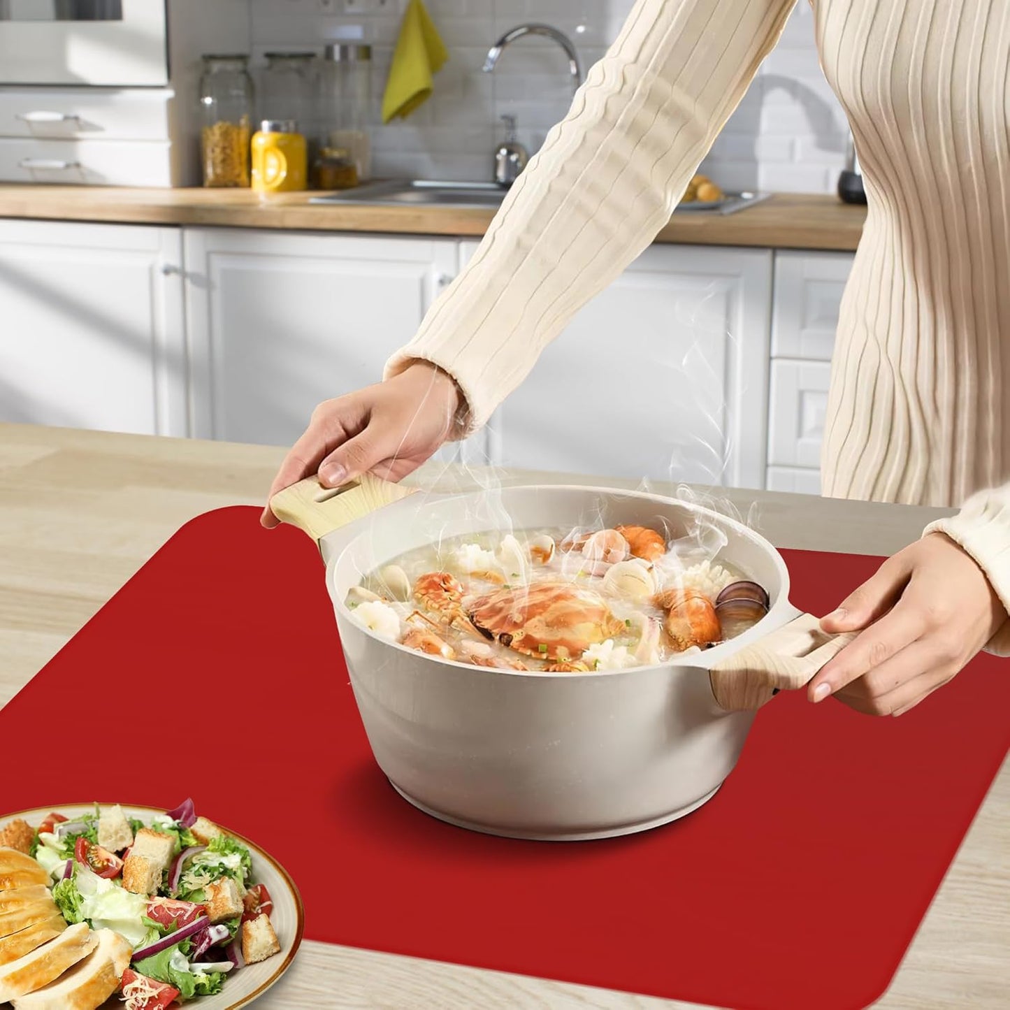 Silicone Mat for Kitchen Counter, Silicone Mat Trimable to Size (Red, 15.7×11.8inch-4pcs), BPA-Free Silicone Placemat, Heat-Resistant NonSlip Table Mat for Air Fryer, Countertop Protector Mat