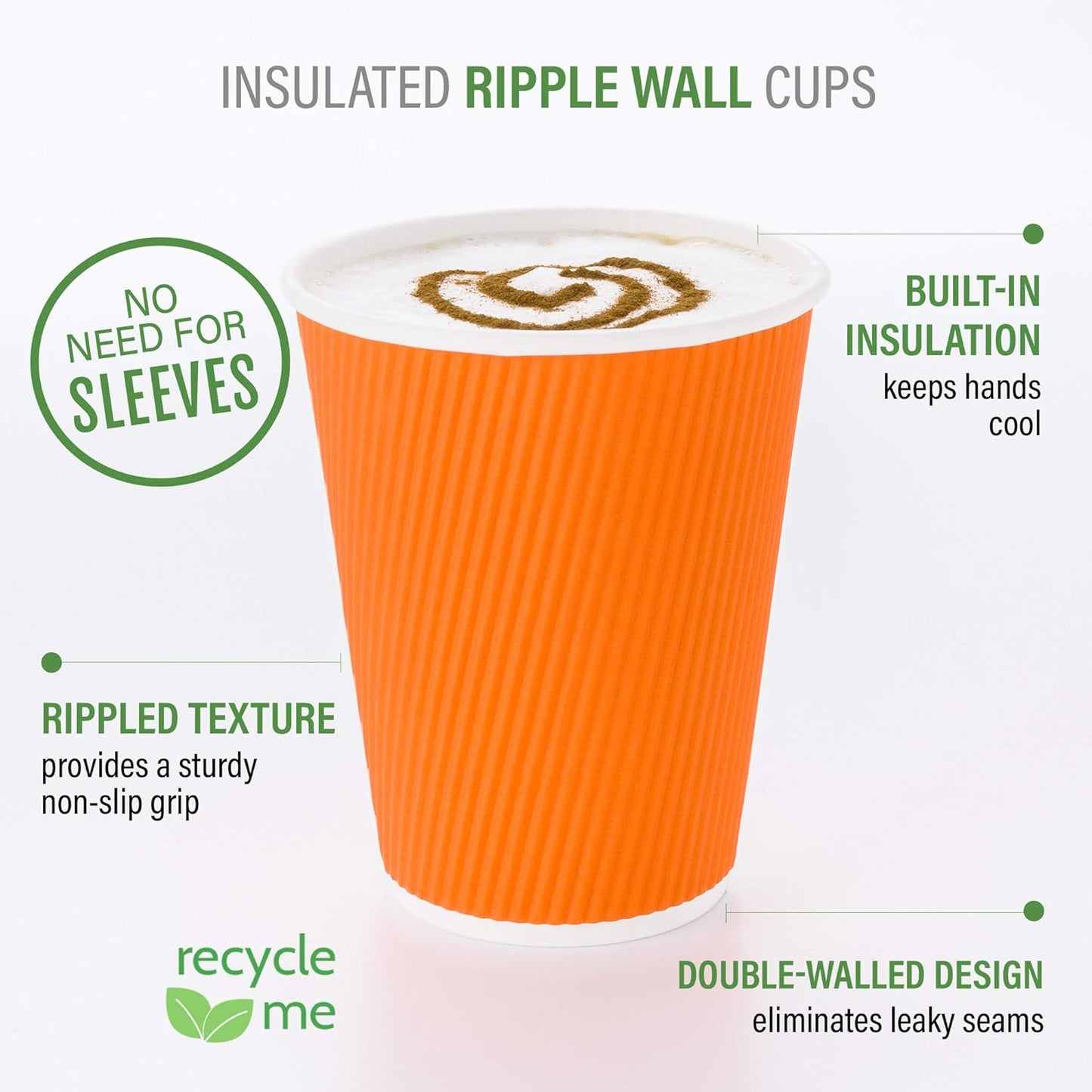 Restaurantware 8 Ounce Double Wall Disposable Coffee Cups, 25 Insulated Orange Paper Tumblers with Ripple Wall Design, Lids Sold Separately for Hot Drinks like Tea, Hot Chocolate, and More