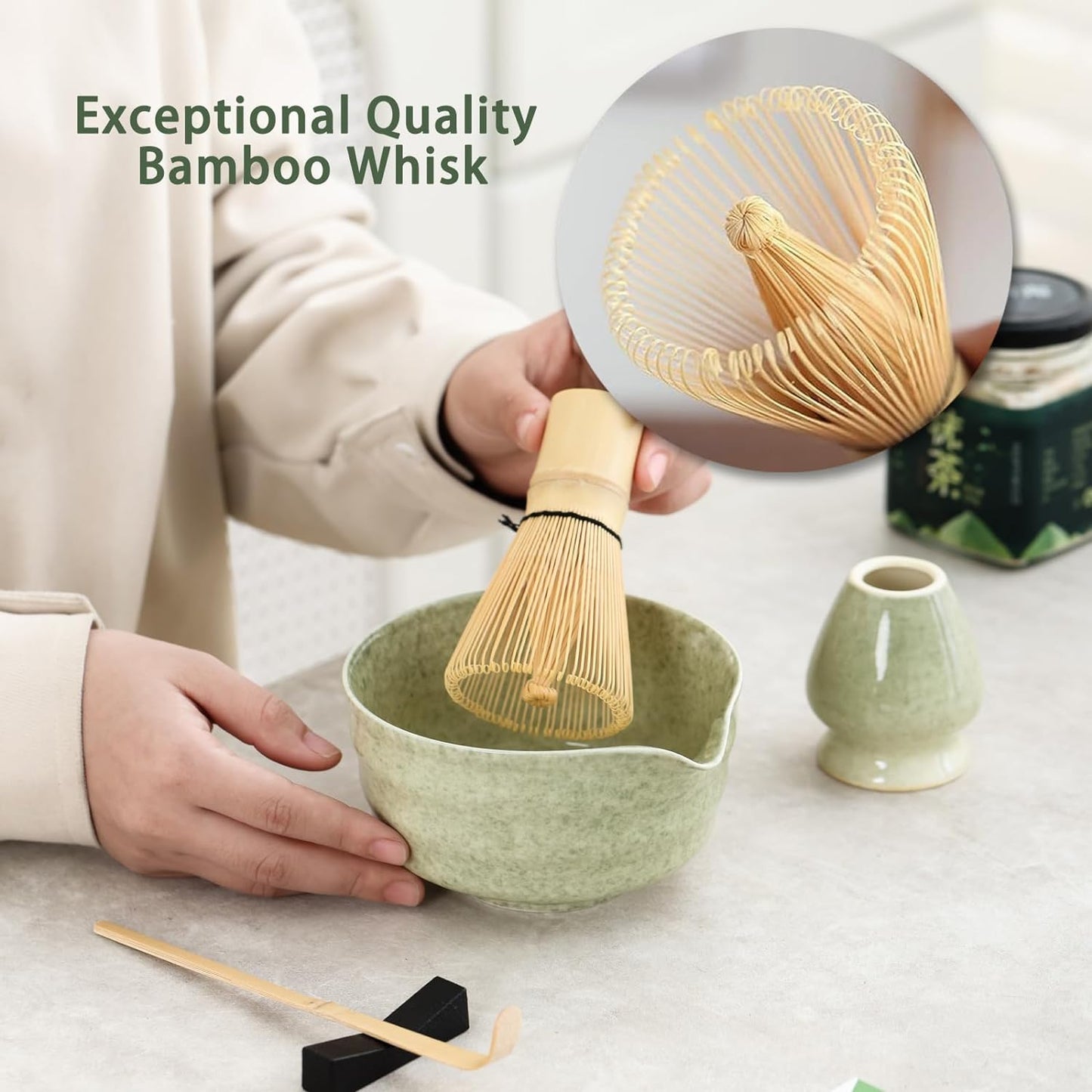 Matcha Set, Japanese Tea Set Includes Matcha Bowl with Spout, Matcha Whisk Holder, Bamboo Matcha Whisk and Bamboo Scoop, 17 oz Mottled Tea Green Glaze Ceramic Matcha Kit for Tea Lovers