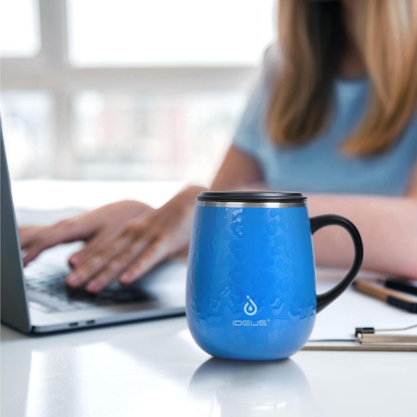 Ideus 16 oz (470 ml) Insulated Coffee Mug with Handle and Lid, Double Wall Stainless Steel Vacuum Thermal Coffee Mug, Travel Coffee Cup Thermal Cup for Home and Office (Leopard Blue)