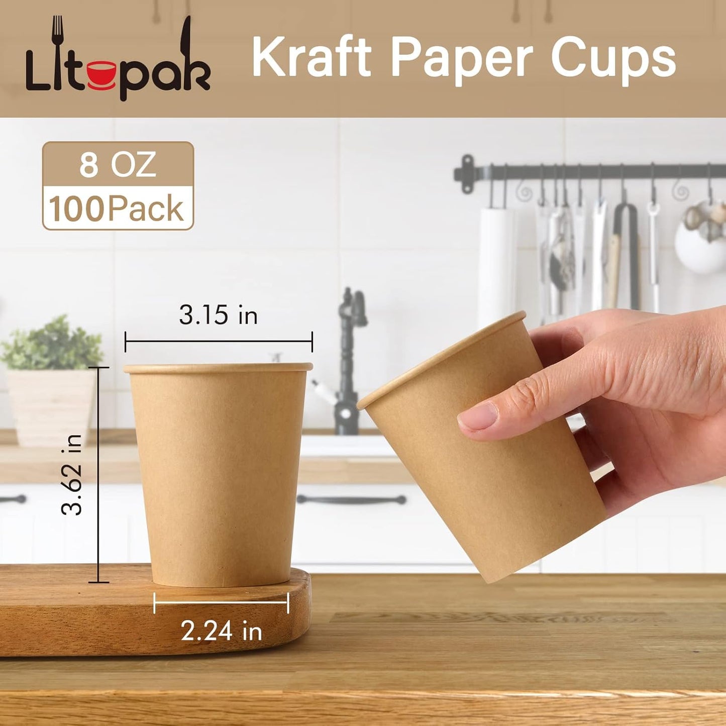 LITOPAK 100 Pack 8 oz Kraft Paper Coffee Cups for Water, Juice, and Tea, Disposable Hot Coffee Cups for Home, Restaurant, Store, and Cafe