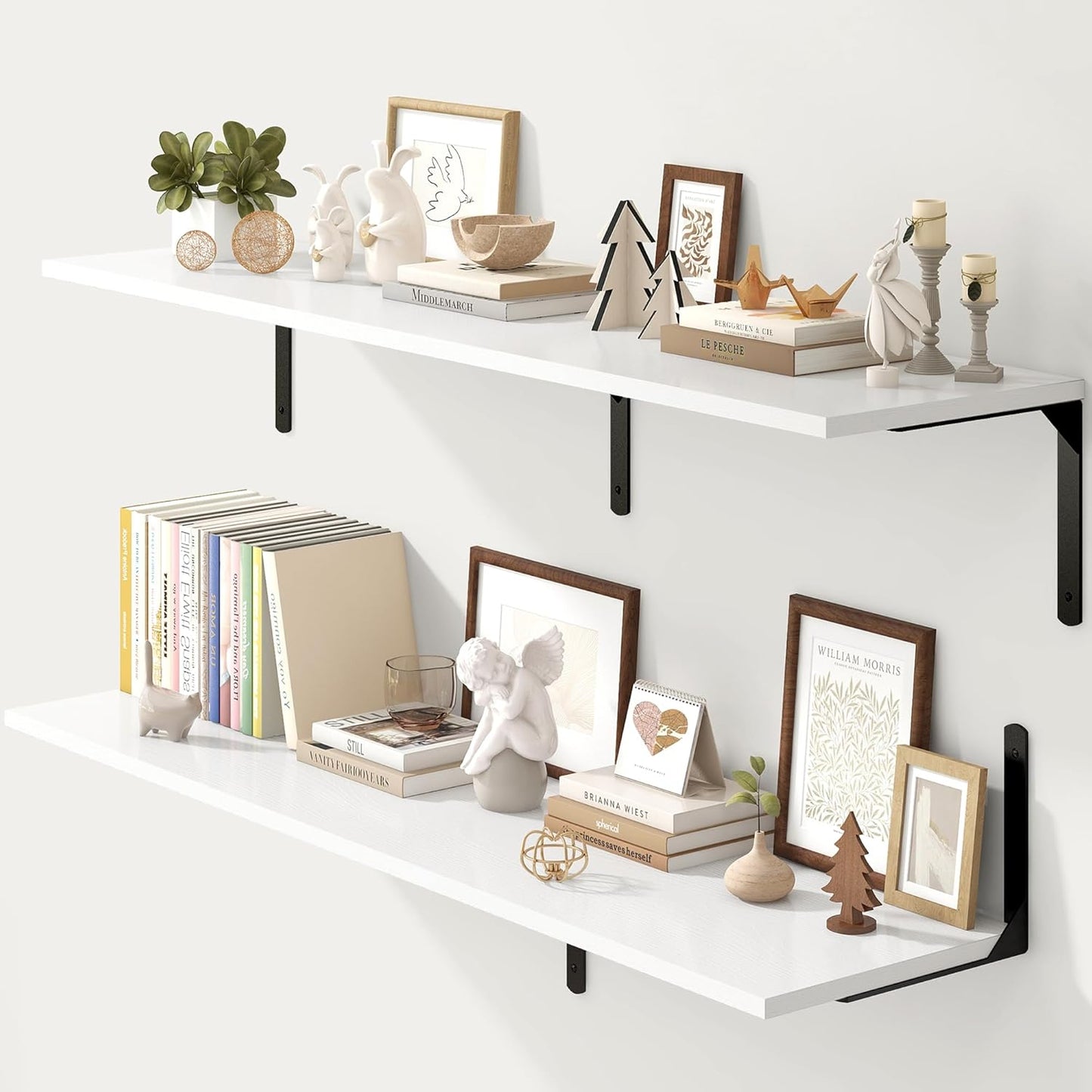 Fun Memories Floating Shelves for Wall, 12 Inch Deep Floating Shelves Set of 2, Wall Mounted Shelf with Metal Brackets, Rustic Wood Wide Shelf for Bathroom, Kitchen and Living Room, White, 55W x 12D