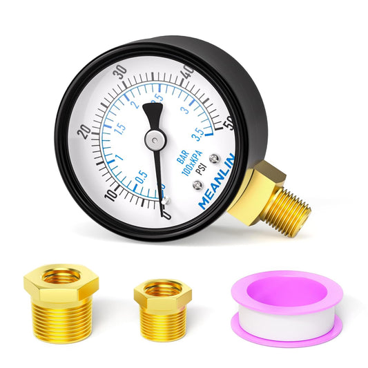MEANLIN MEASURE 0-50Psi 2" DIAL FACE 1/8" NPT Well Pump Pressure Gauge, with 1/4" NPT and 3/8" NPT Hex Bushing, 3-2-3% Accuracy, Lower Mount