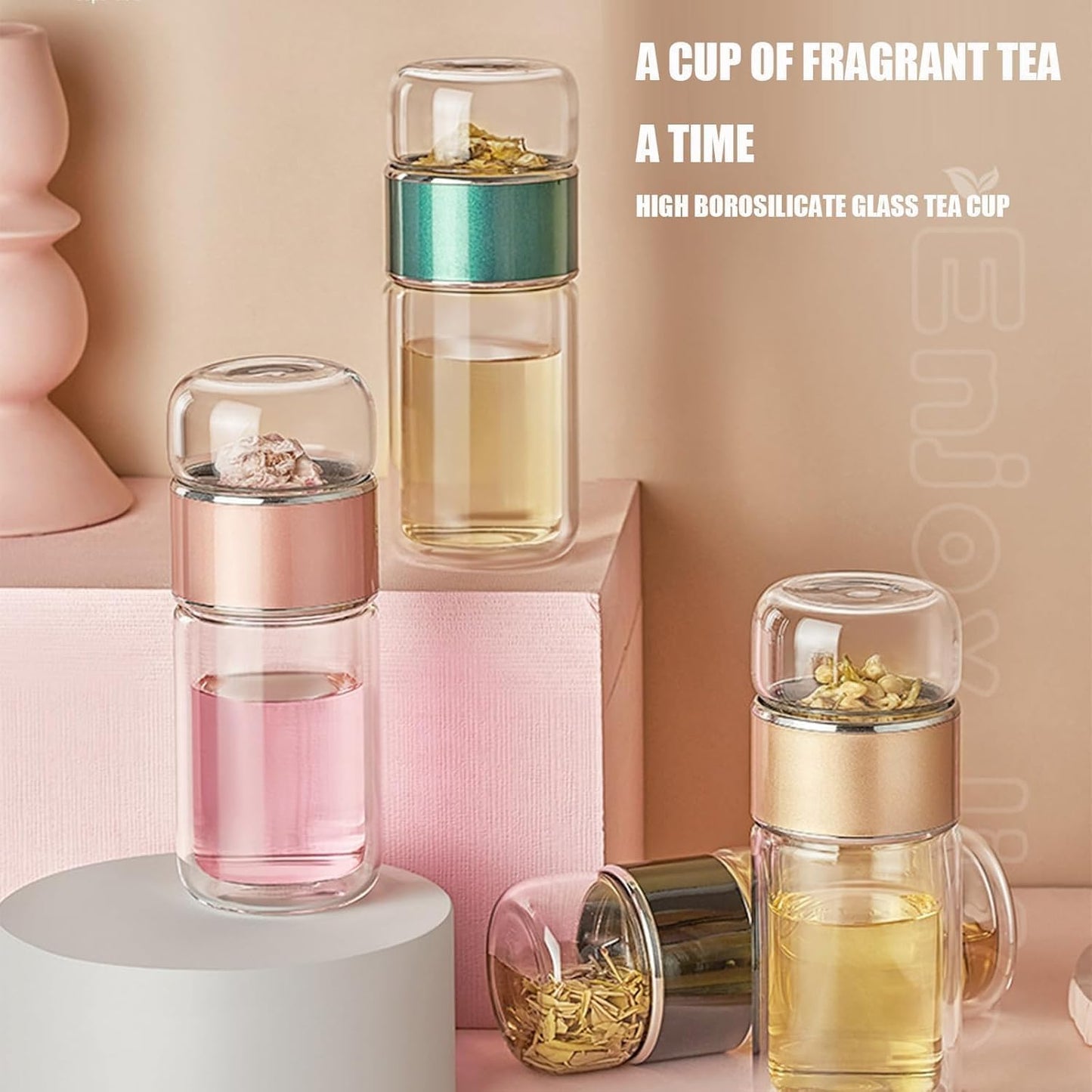 QUROXO 2025 New Tryteava Glass Infuser, Teava 3-In-1 Smart Tea Infuser with Cup Brush, Double-Layer Borosilicate Glass Tryteava Tea infusers Separation Cup (Pink, 350ml (12oz))