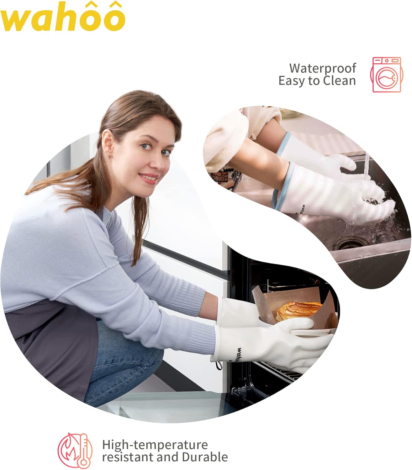 wahoo Professional Liquid Silicone Oven Mitts Gloves, Heat Resistant Gloves for Cooking, Baking, CoralAir Liner, 12 Inch, White, XXL