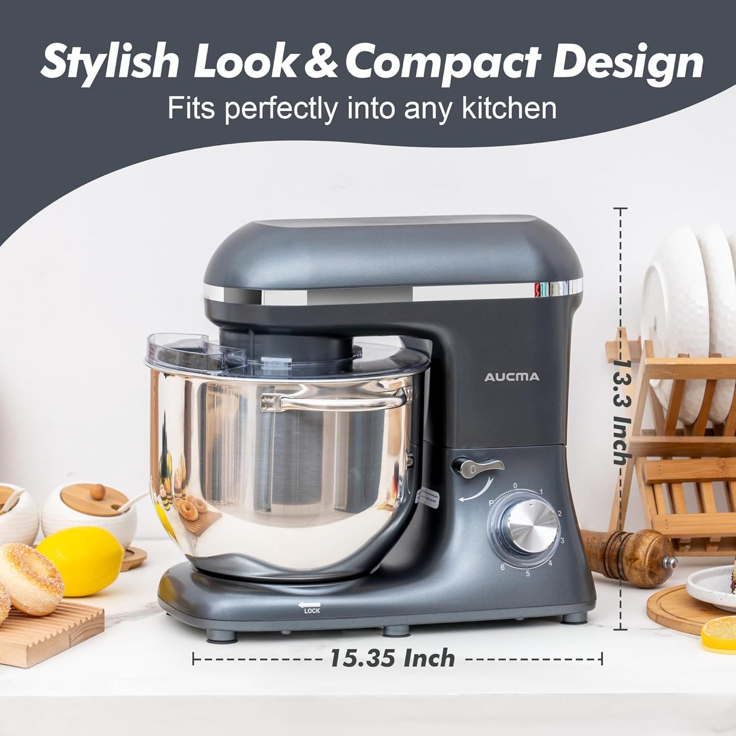 Aucma Stand Mixer, 900W 8QT Large Kitchen Mixer, Kitchen Electric Mixers with Dough Hook, Wire Whip & Beater (Gray, 8QT)