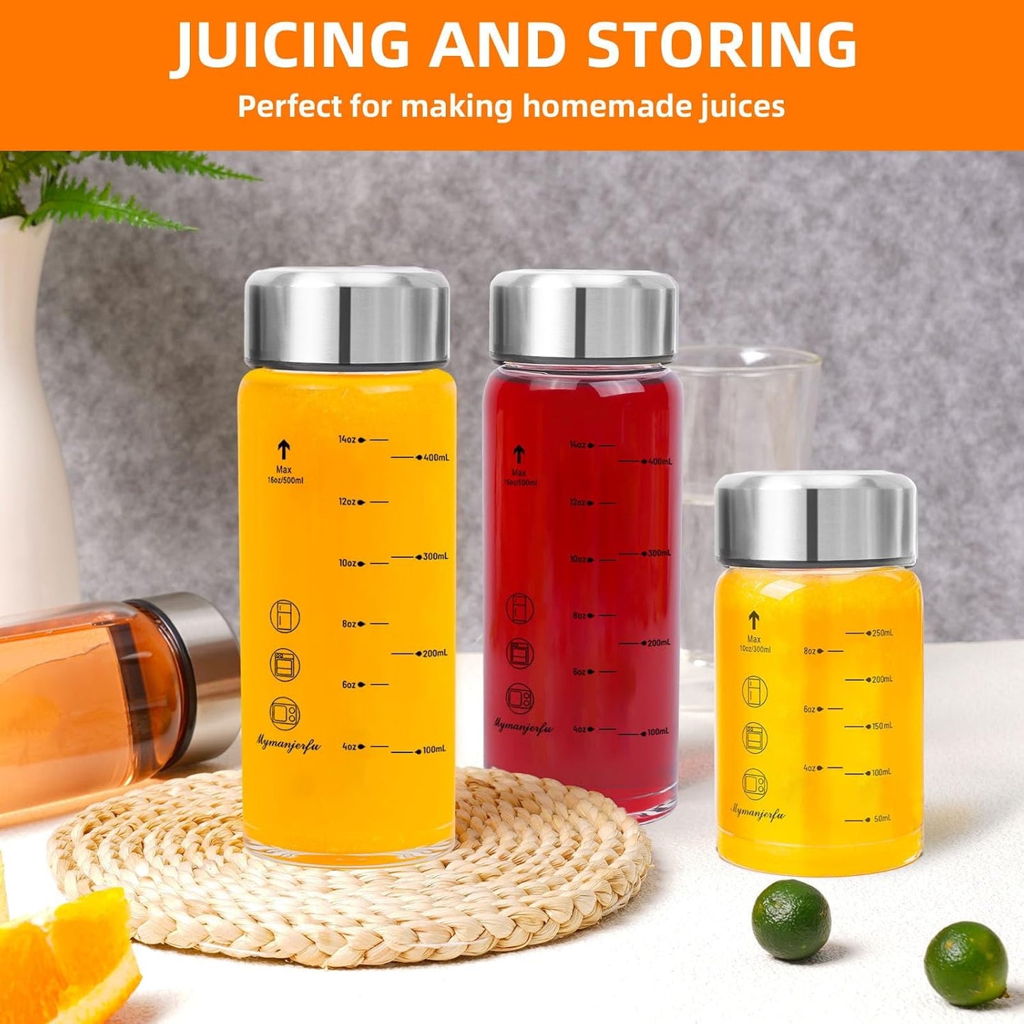 Glass Juice Bottles 4 Pack 20 oz - Wide Mouth Glass Water Bottles with Lids - for Juicing, Smoothies, Milk, Protein, BPA Free, Reusable, Stainless Steel Lids, Leak Proof, Shaker bottle [20oz/600ml]