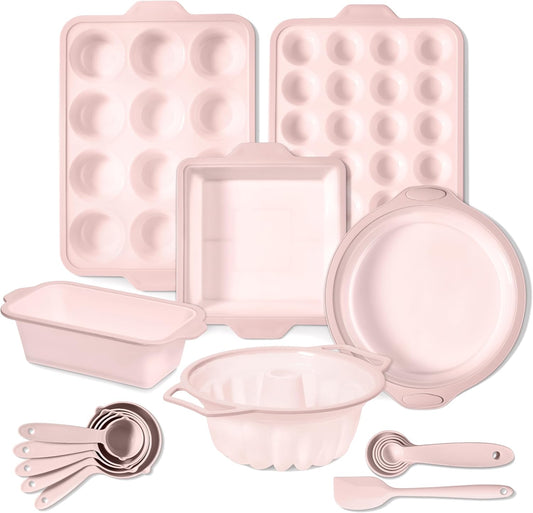 COOK WITH COLOR 17 Pc. Silicone Baking Pan Set - Non-Stick & Easy Clean Silicone Muffin Pans for Baking with Sturdy Metal Frame for Stability, Flexible Cake Molds, Includes Measuring Cups and Spoons