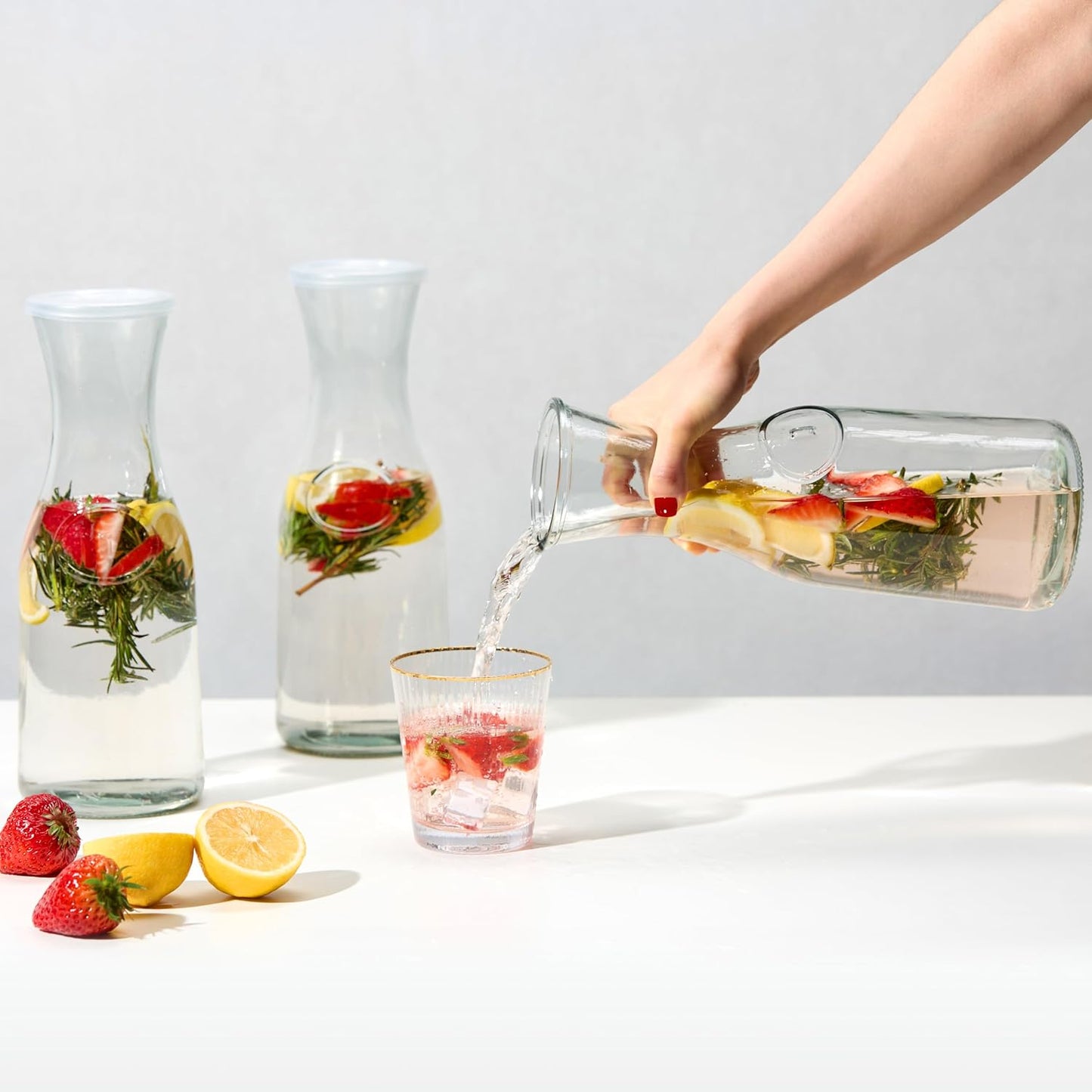 Glass Carafe Pitchers, by Kook, Large Carafe - set of 3, Beverage Dispensers, Clear Jugs For Mimosas, Water, Wine, Milk and Juice, with Plastic Lids, 50 oz Dishwasher Safe