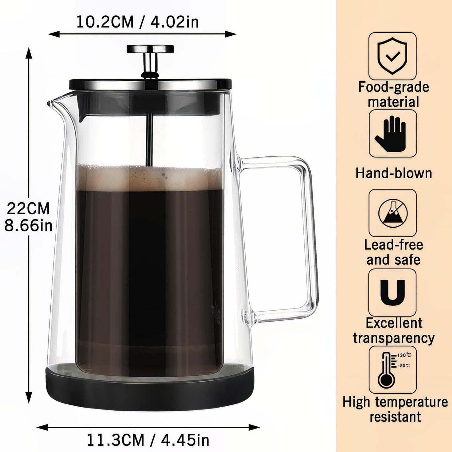 French Press Coffee Maker 34Oz - Double-Wall Insulated Borosilicate Glass - Ergonomic Handle - Coffee Gift - Tea & Coffee Press