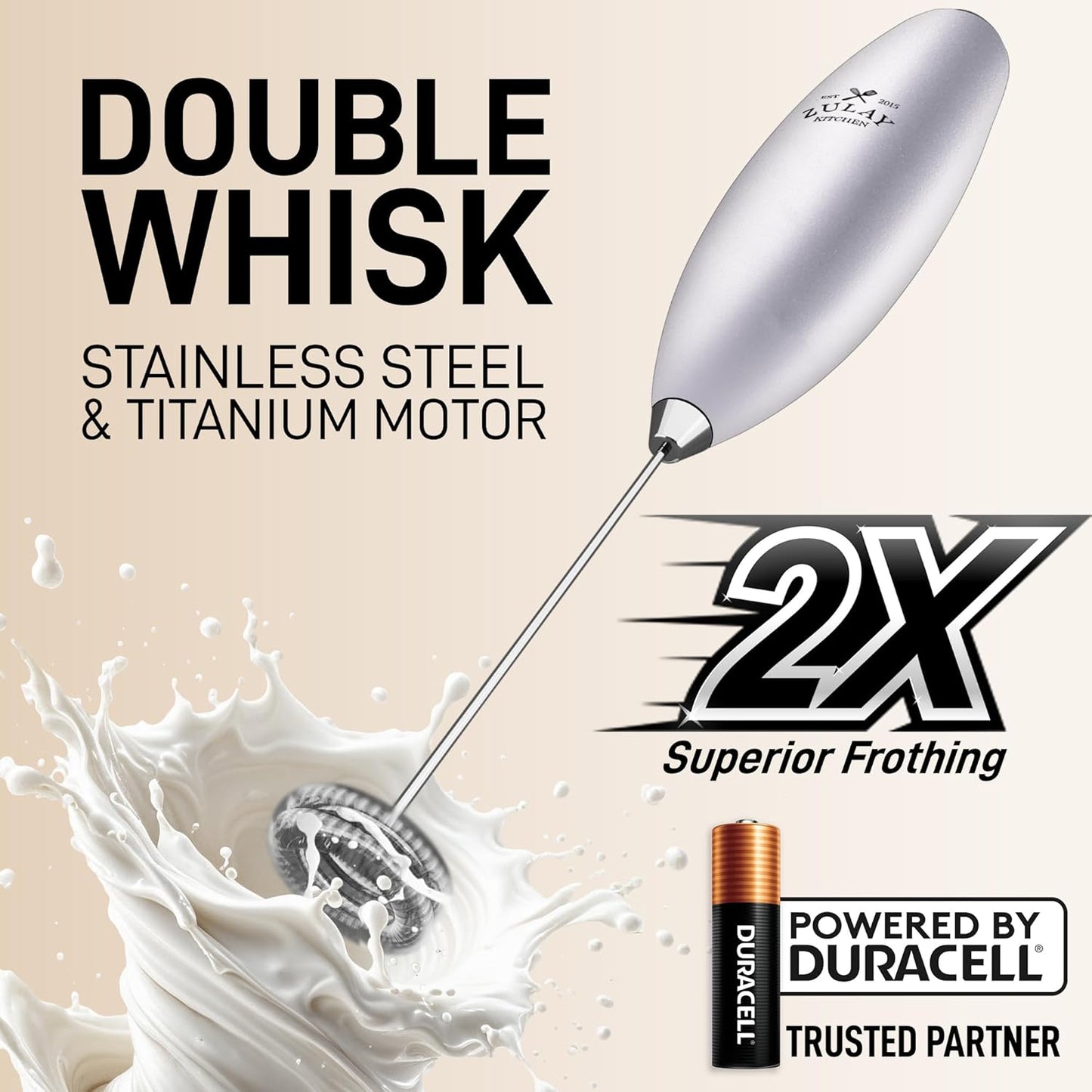 Zulay Kitchen Whisk Milk Frother with 4 Duracell Batteries - Powerful Handheld Foam Maker for Coffee, Lattes, Matcha, Hot Chocolate & Cappuccinos - Whip Creamy Froth in Seconds
