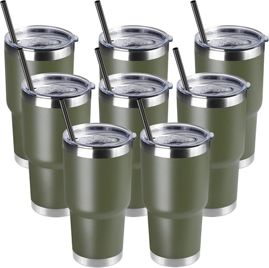 DOMICARE 30oz Tumbler Bulk with Lid and Straw, Double Wall Travel Coffee Mug, Insulated Vacuum Stainless Steel Tumblers, Powder Coated Tumbler Cup (Army Green, 8)