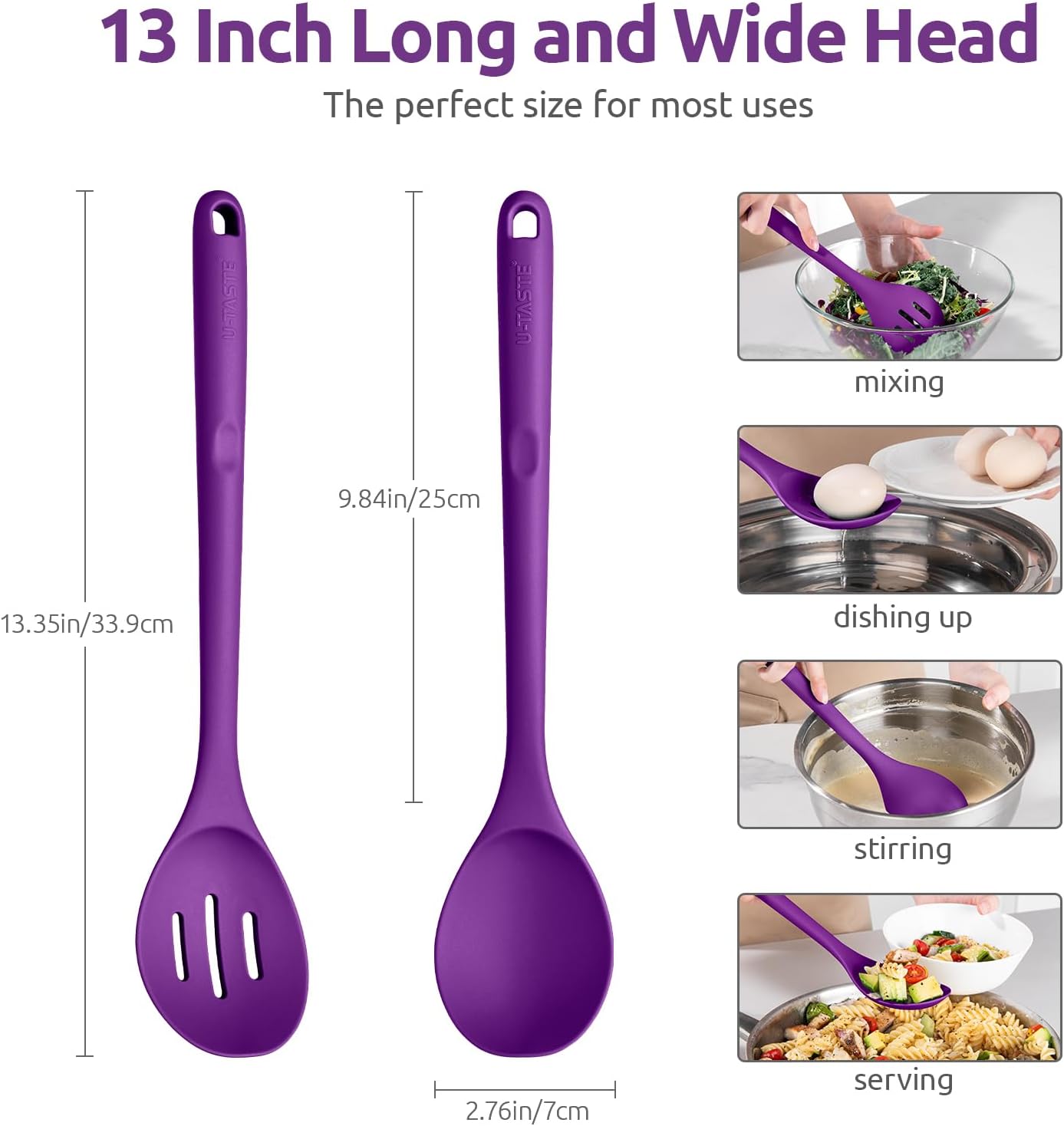 600ºF Heat Resistant Silicone Spoons: U-Taste 13.3in Solid & Slotted Kitchen Cooking Spoon, Nonstick Food Grade Long Rubber Utensil, Sturdy for Mixing, Serving, Frying, Draining (Purple, 2PCS)