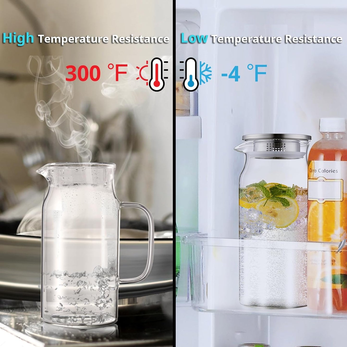 2 Pack 1.2 Liter 40 oz Small Glass Pitcher with Lid and Spout, Glass Carafe Water Pitcher for Hot/Cold Water, Iced Tea, Drinks, Coffee, Juice and Homemade Beverage