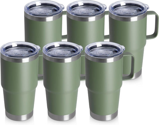 HASLE OUTFITTERS 20oz Tumbler Bulk with Lid, Stainless Steel Tumbler Bulk with Handle, Metal Insulated Travel Coffee Mug Set with Handle, Double Wall Vacuum Leak Proof Tumbler Cup, Amy Green 6 Pack