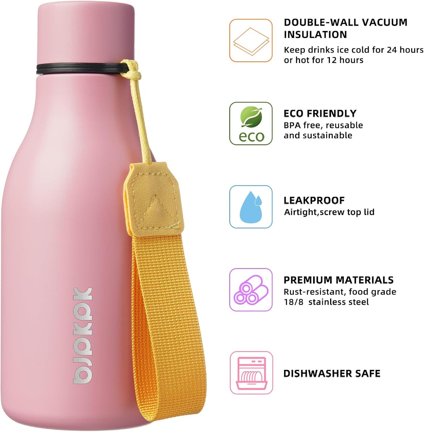 BJPKPK Insulated Water Bottles, 12oz Stainless Steel Metal Water Bottle with Strap, BPA Free Leak Proof Thermos, Mugs, Flasks, Reusable Water Bottle for Sports & Travel, Light Pink
