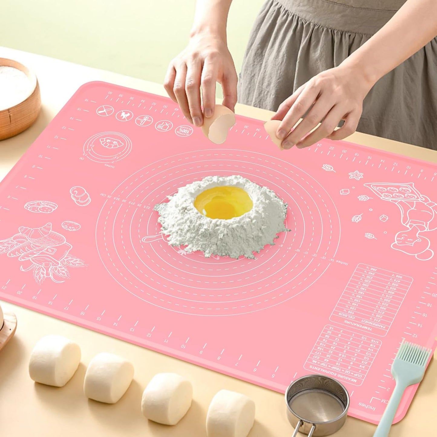 Silicone Pastry Mat 28" x 20" Extra Thick Non Stick Baking Mat with Measurements and Edge Heightening, Food Grade Silicone Rolling Mat for Pastry, Bread, Cookies, Pizza, Fondant, Pasta - Pink