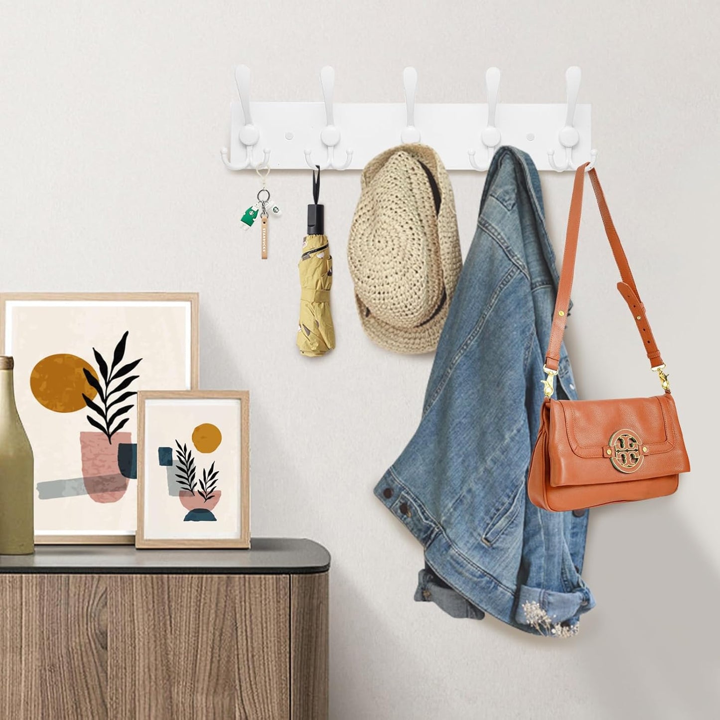 2pcs Coat Rack Wall Mount Coat Hooks Wooden Hat Rack for Wall Hooks Pine Real Wood Plank 16.9" White Coat Hanger with 5 White Triple Hooks for Hanging Coat Hat Jacket