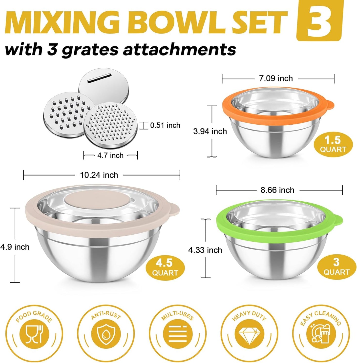 TeamFar Mixing Bowls, 3PCS Stainless Steel Serving Salad Bowls with Lids & 3 Graters, For Kitchen Mixing/Baking/Storing/Prepping, Visible & Airtight, Easy Clean - 4.5/3 / 1.5 QT, Multi-color