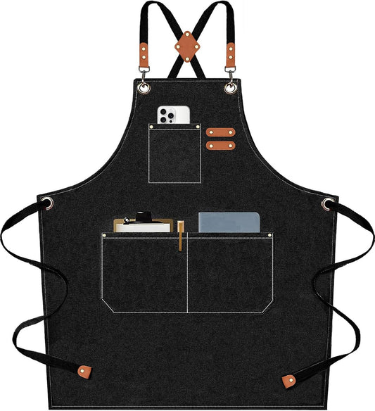 AFUN Chef Aprons for Men Women with Large Pockets, Cotton Canvas Cross Back Heavy Duty Adjustable Work Apron, Size M to XXL (Black)