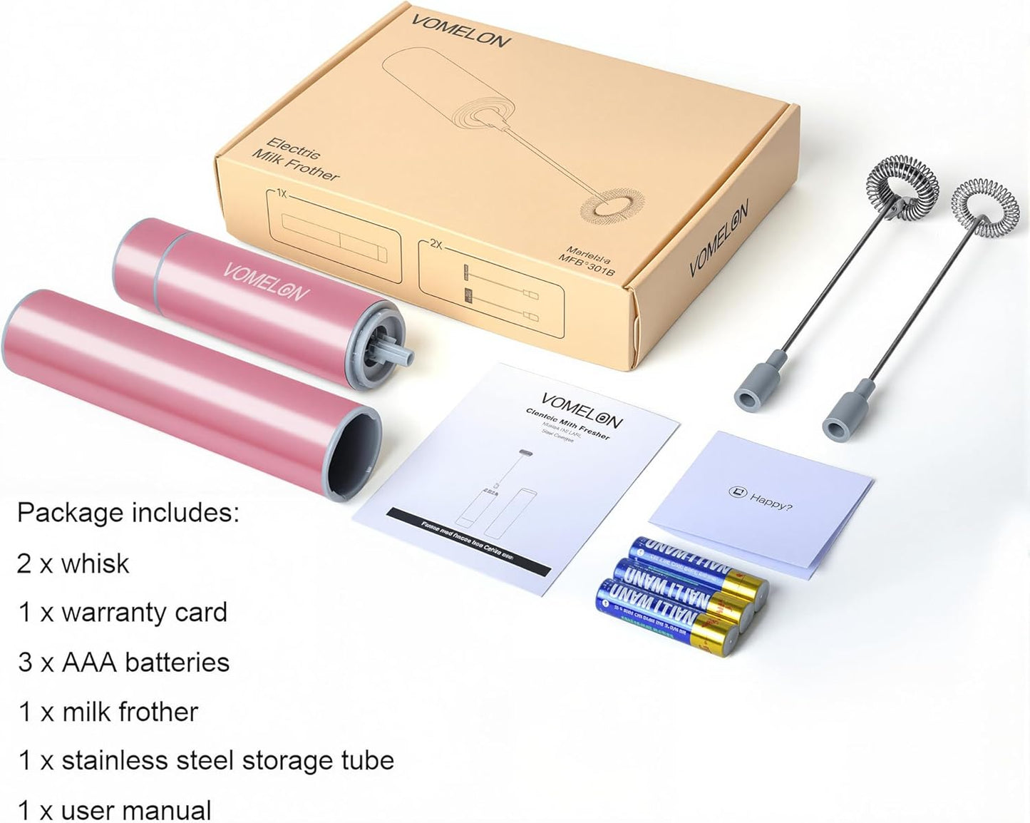 Electric Milk Frother Handheld,Travel Coffee Drink Mixer Batteries Included, 304 Stainless Steel Whisk for latte Cappuccino,Bulletproof Coffee Hot Chocolate,Egg Rose Pink