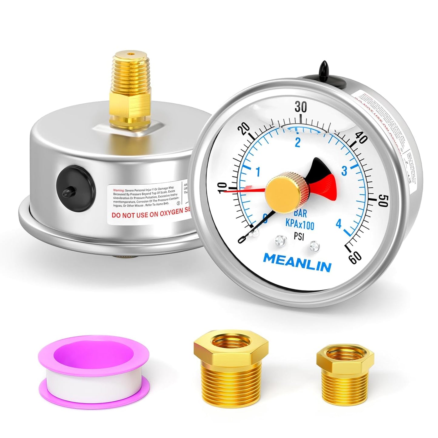 MEANLIN MEASURE 0~60Psi Stainless Steel 1/4" NPT 2.5" FACE DIAL with Reset Pointer Liquid Filled Pressure Gauge WOG Water Oil Air, Back Mount, with Brass Hex Bushing