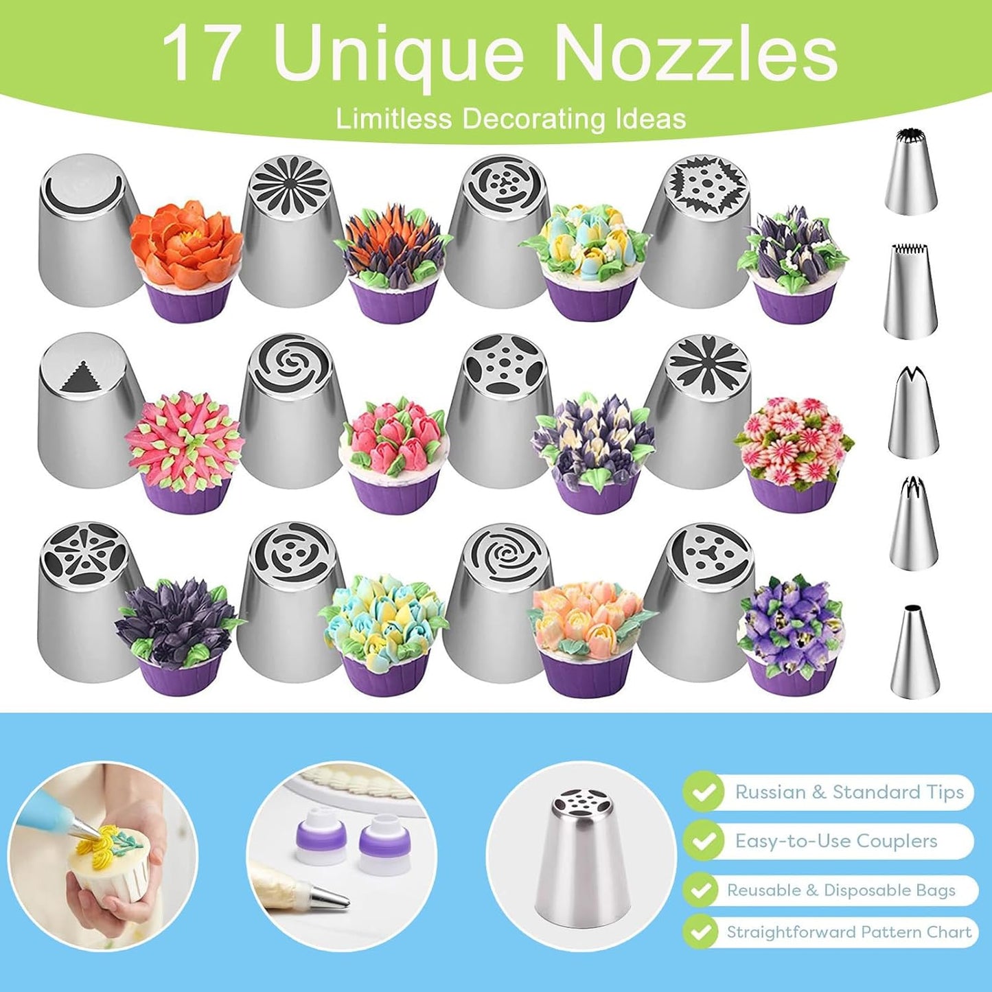 56-Piece Russian Piping Tips Set, Cake Decorating Kit with 17 Frosting Nozzles, Reusable Piping Bags, and Baking Supplies for Cupcakes, Cookies, Cakes - Idael for Bakers & Beginners