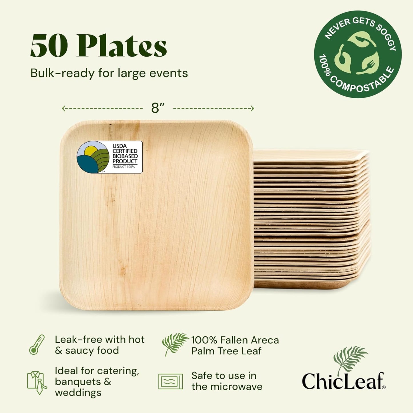 Chic Leaf Disposable Palm Leaf Plates - 50 Count, 8" Square, Natural - Bamboo Plates Disposable, Biodegradable & Compostable - Microwave Safe & Heavy Duty - Event & Party Supplies - Wedding Decor