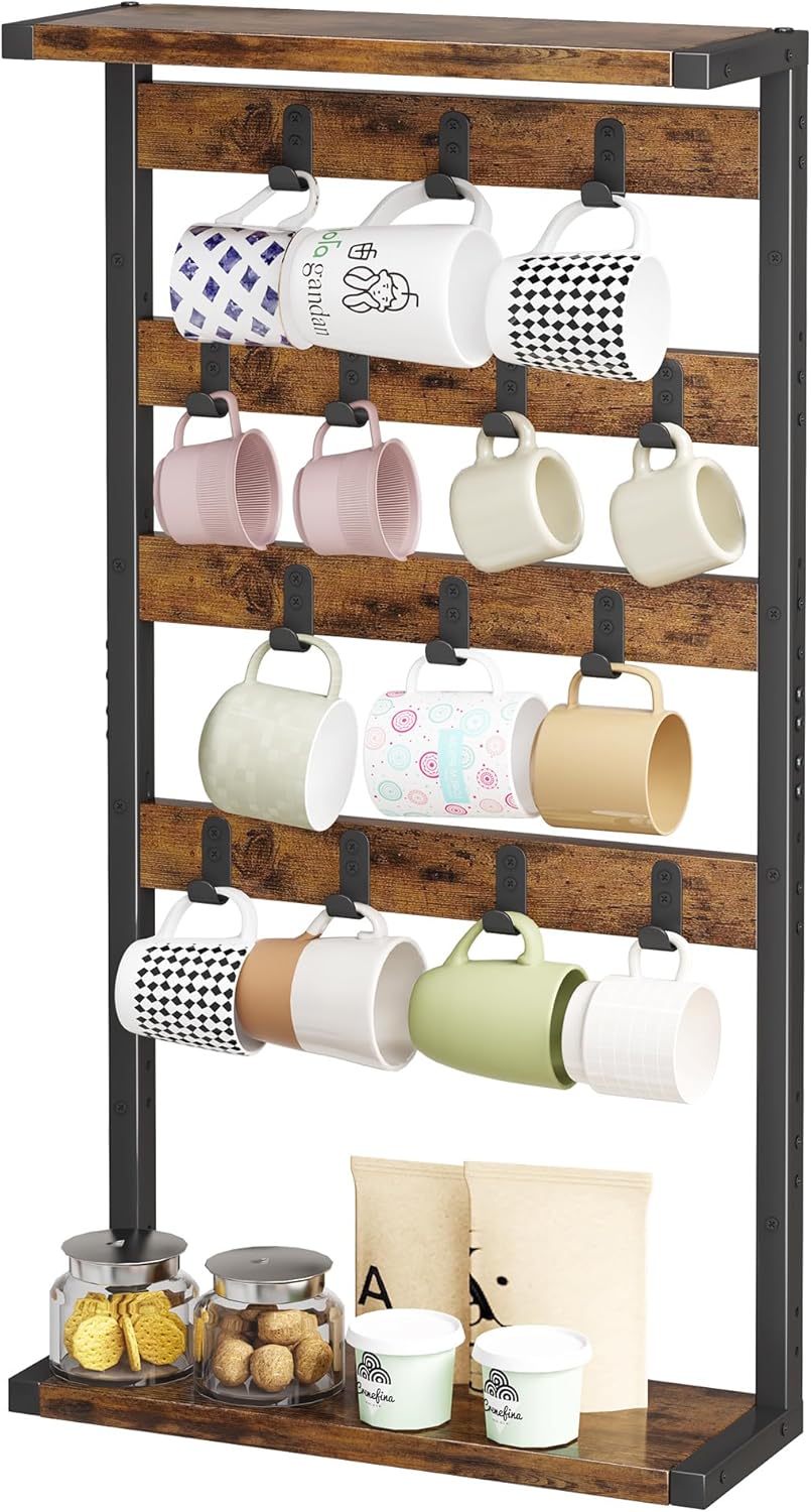 Homeiju 14-Hook Large Coffee Mug Holder for Countertop/Wall Mounted,4 Tier Coffee Cup Holder with Top & Bottom Storage Shelf,Adjustable Hook & Shelves,Mug Tree for Home Bar,Coffee Station