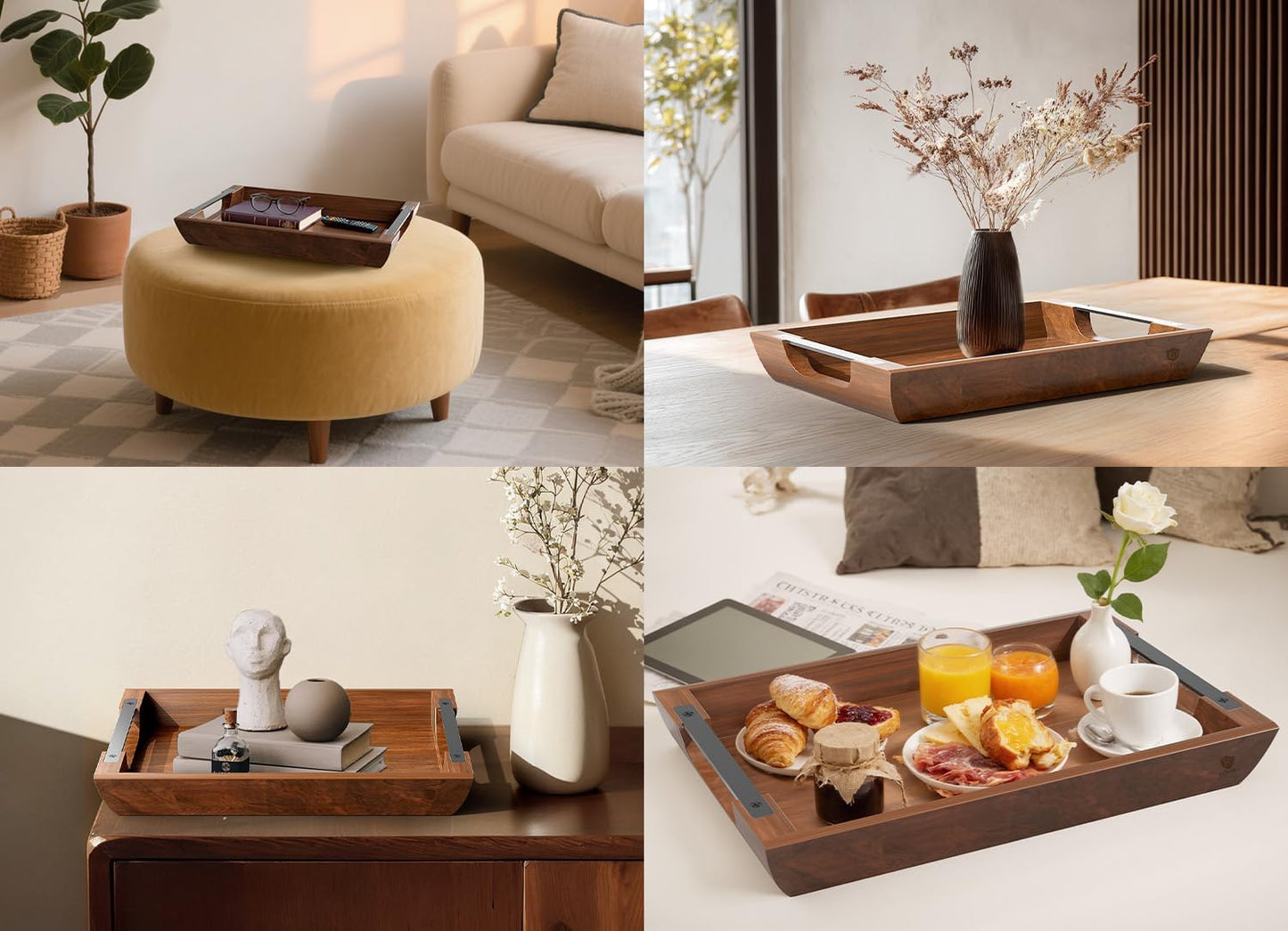 Acacia Wood Serving Tray with Metal Handles, 15x10 Inch Decorative Tray for Coffee Table Ottoman - Rustic Wooden Breakfast & Drink Tray, Farmhouse Centerpiece