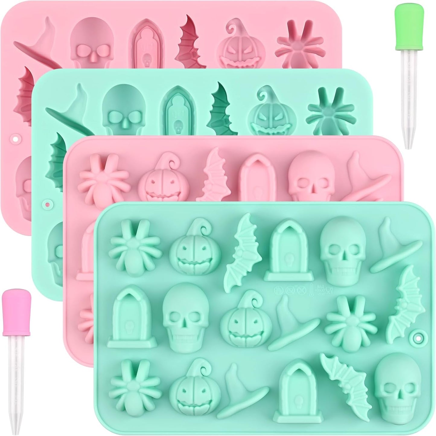 Actvty Halloween Chocolate Silicone Mold, 4 Packs Candy Gummy Molds of 18 Cavity with Skull Pumpkin Ghost Witch Hat Bat Spider Tombstone Shapes for Baking Chocolate Gummy Jelly Dessert