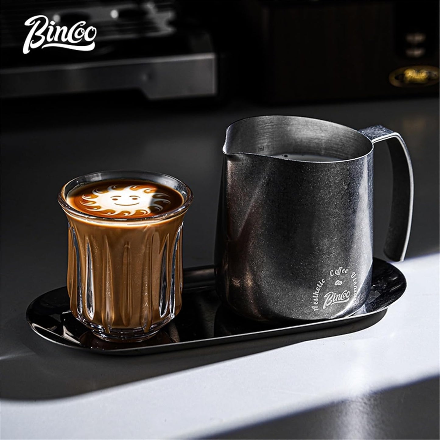 Bincoo Milk Frother Pitcher 750ml (25oz) - Stainless Steel Barista Milk Frothing Cup with Ice Crystals Design - Professional Espresso & Cappuccino Accessories for Coffee Machine,Latte Art