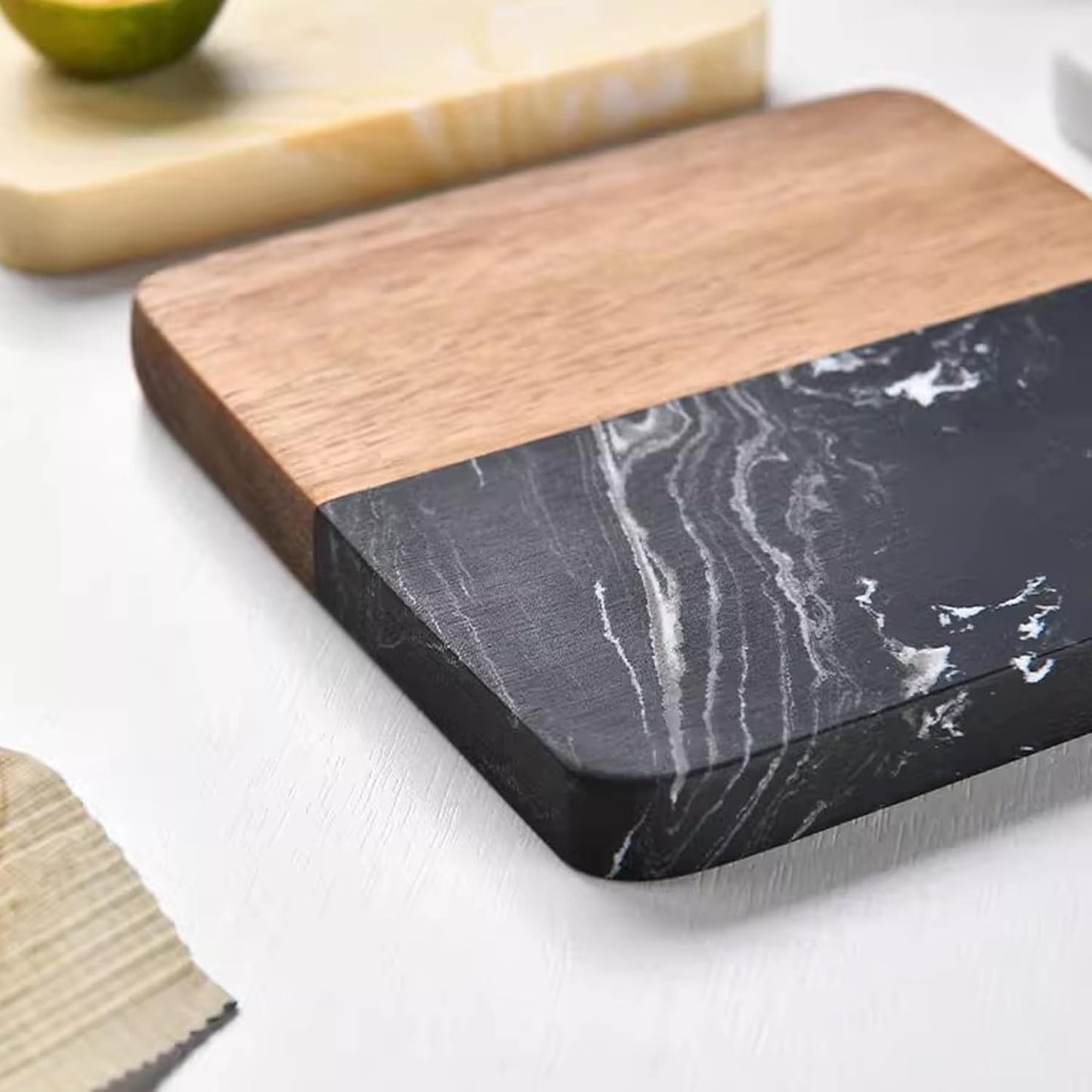 I-LAN 4 Pack 4 x 4 Inch Squre Natural Wood and Marbel Style Coasters for Drinks，Marble and Natural Wood Joint Mixed Modern Style Heat-Resistant Coaster Set for Home Kitchen