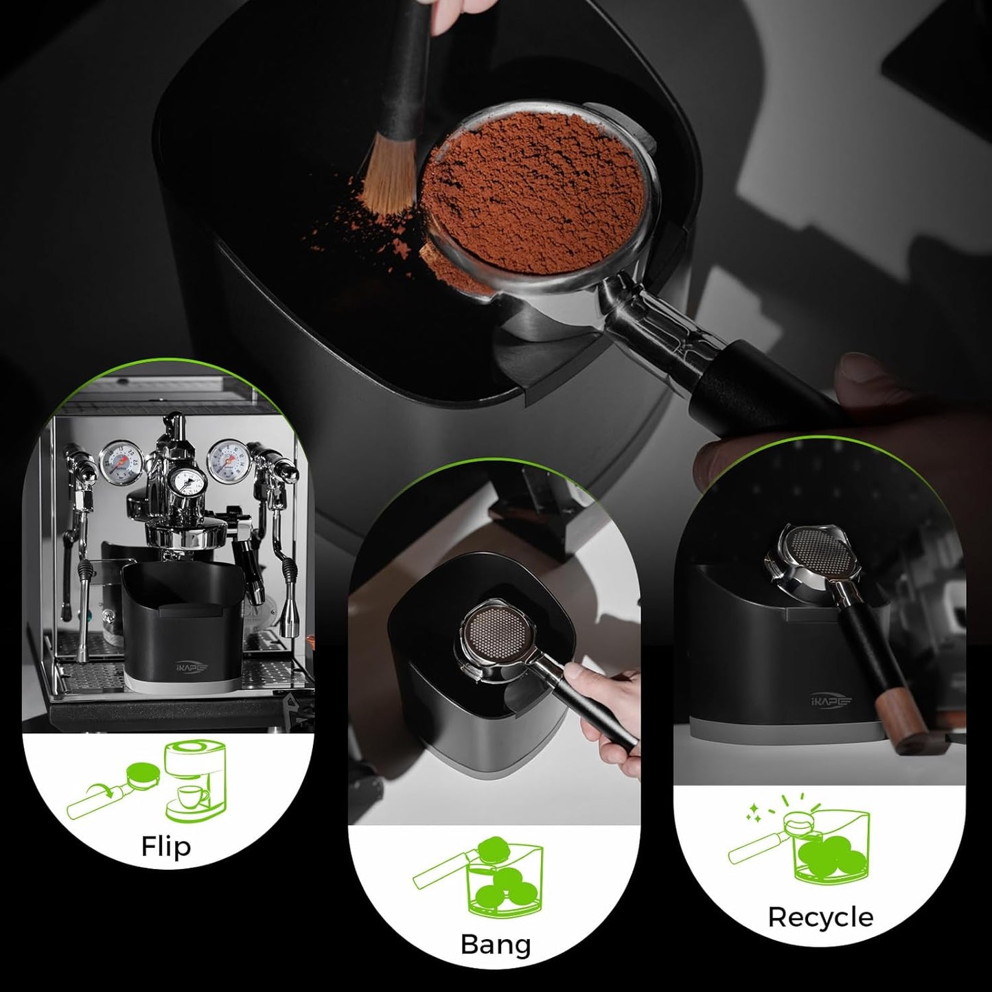 IKAPE Espresso Knock Box for Coffee Grounds, Barista Tool Enhanced for Better Manipulation - Black Espresso Machine Coffee Puck Disposal Box