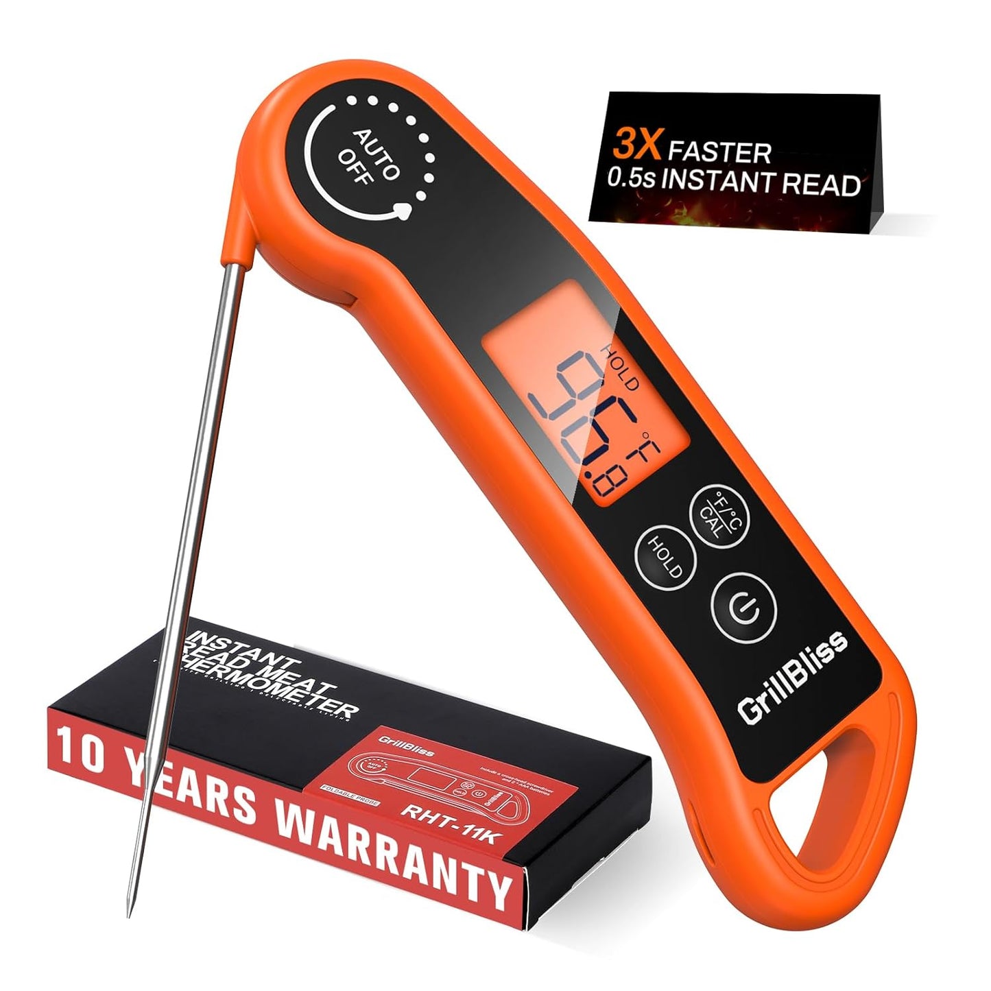 Instant Read Meat Thermometer Within 0.5s, GrillBliss Meat Thermometer Digital with ±0.5℉ Accuracy, Food Thermometer with Backlit Display, Cooking Thermometer for Candy, Grill, BBQ, Brewing