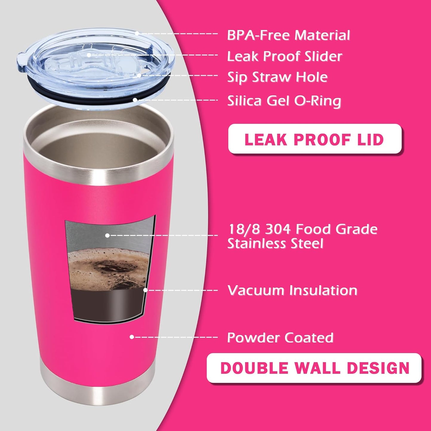 20oz Tumbler Bulk Stainless Steel Tumblers with Lid Vacuum Insulated Double Wall Travel Coffee Mug Powder Coated Tumbler Cup for Hot and Cold Drinks(Hot Pink, 6 pack)