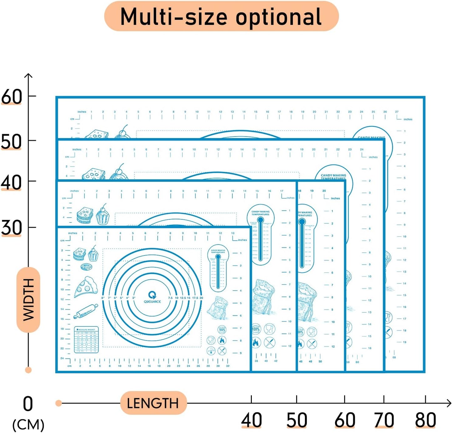Silicone Baking Mat with Measurements, Pastry Mat for Rolling Dough, Fondant Mat Sheet for Pizza and Cookies, Pie Crust, Oven Liner, Counter Mat, 24''(W)32''(L) Blue