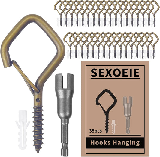 35PCS Eye Screw Hooks for Hanging Heavy Duty with Safety Buckle.Metal Ceiling Hooks for Hanging Plants,Cup,Wind Chime,Bird Feeders,String Lights at Indoor&Outdoor,2.36 Inches Bronze