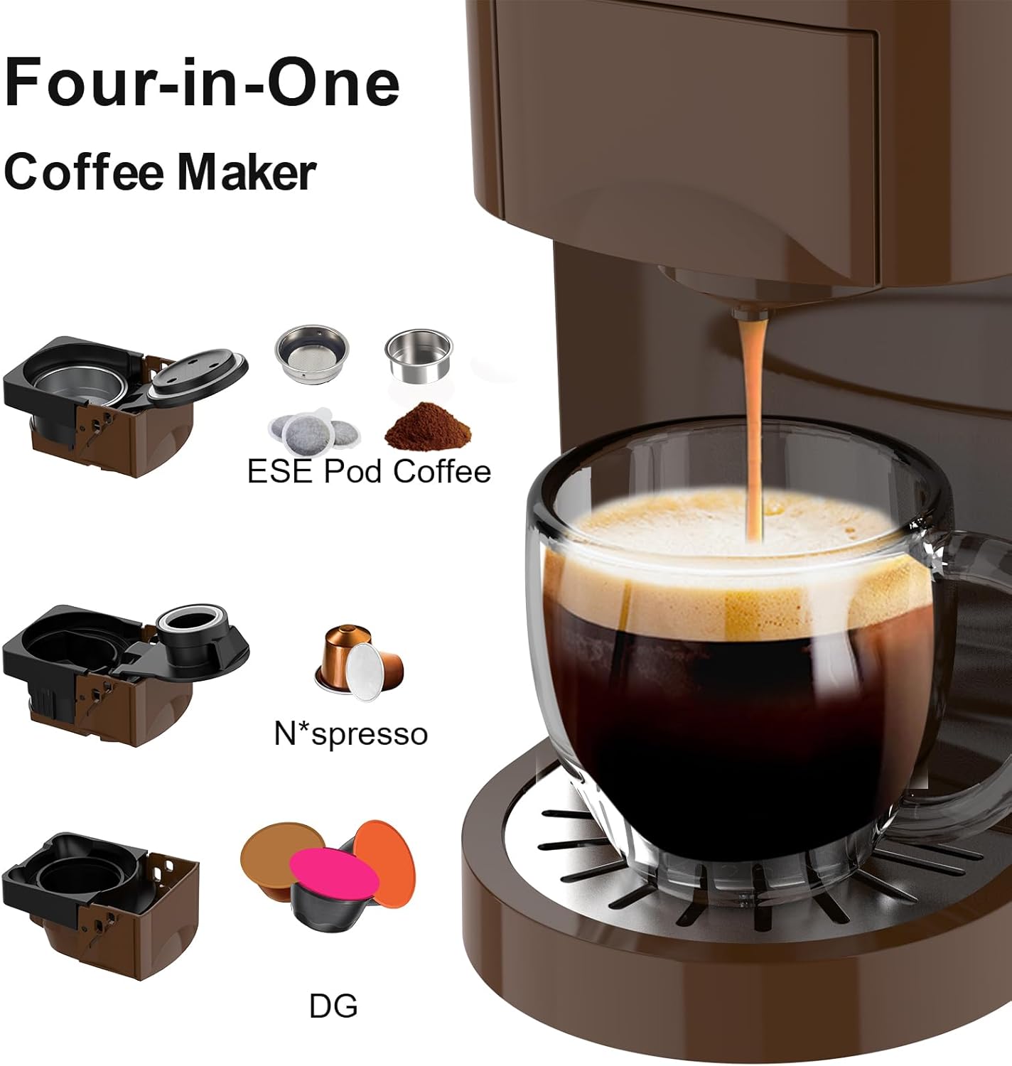 KOTLIE 513K Single Serve Capsule Coffee Machine fits for K-Cup capsule/Nes*p Original/Ground Coffee/44mm ESE,0.8L,Compact Size(Coffee)