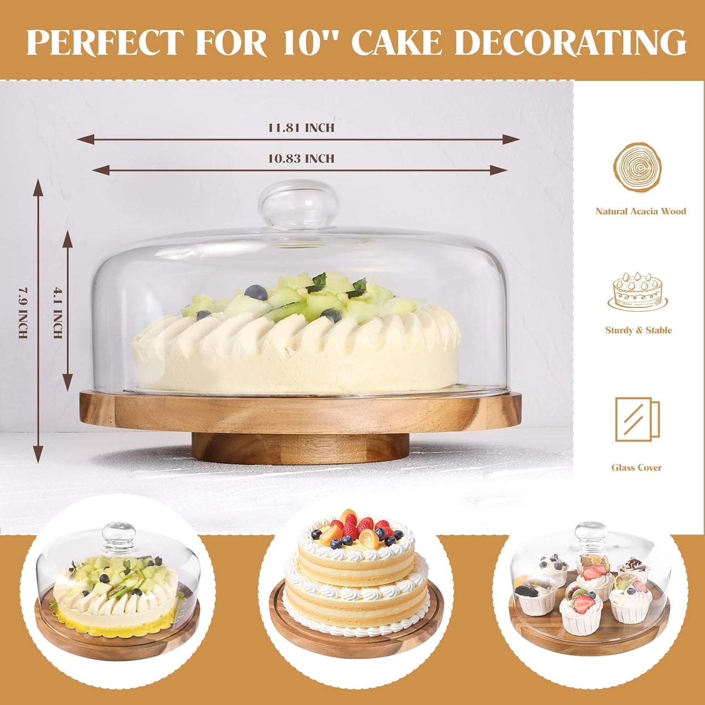 Glass Rotating Cake Stand with Lid - 12" Acacia Wood Cake Plate with Dome, Includes 2 Extra Cake Boards - Cake Holder for Wedding, Birthdays, Kitchen, Party Display, Charcuterie Tray