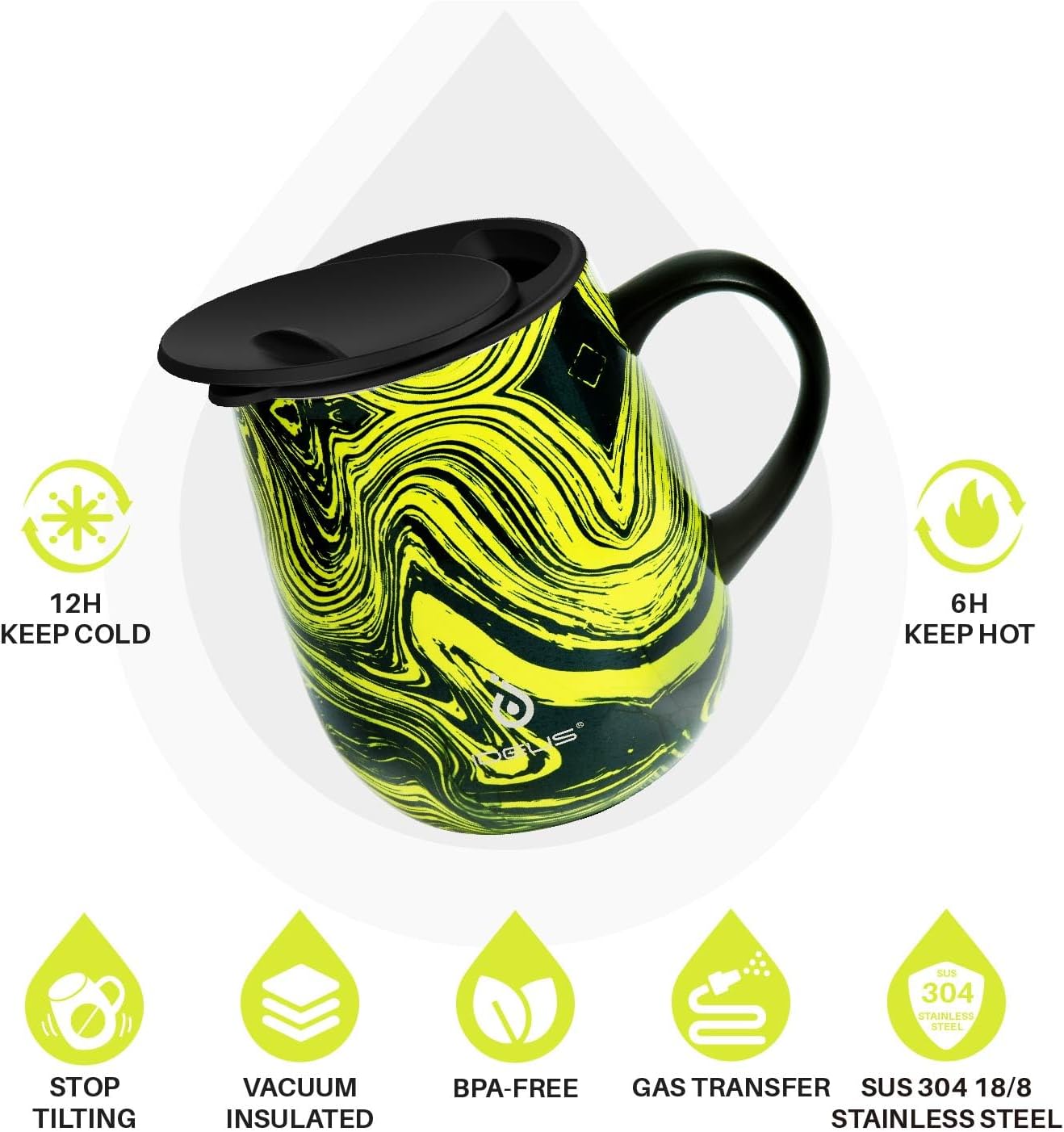 Ideus 16 oz (470 ml) Insulated Coffee Mug with Handle and Lid, Double Wall Stainless Steel Vacuum Thermal Coffee Mug, Travel Coffee Cup Thermal Cup for Home and Office (Yellow Zebra)