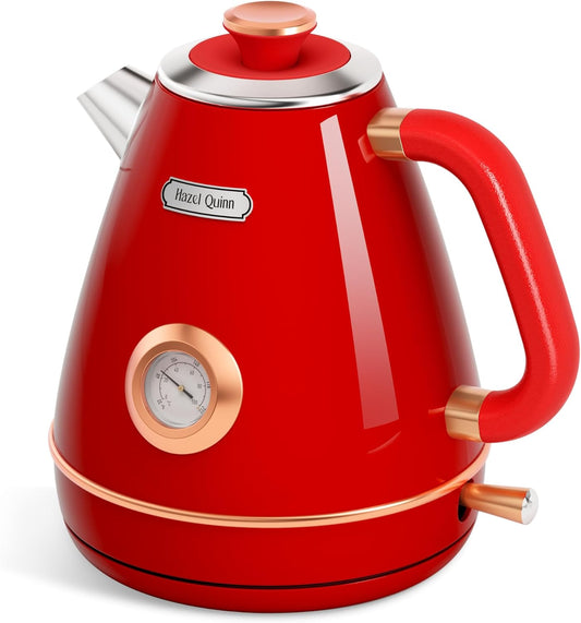 Hazel Quinn Retro Electric Kettle - 1.7 Liters / 57.5 Ounces Tea Kettle with Thermometer, All Stainless Steel, Fast Boiling 1200 W, BPA-free, Cordless, Rotational Base, Automatic Shut Off - Ruby Red