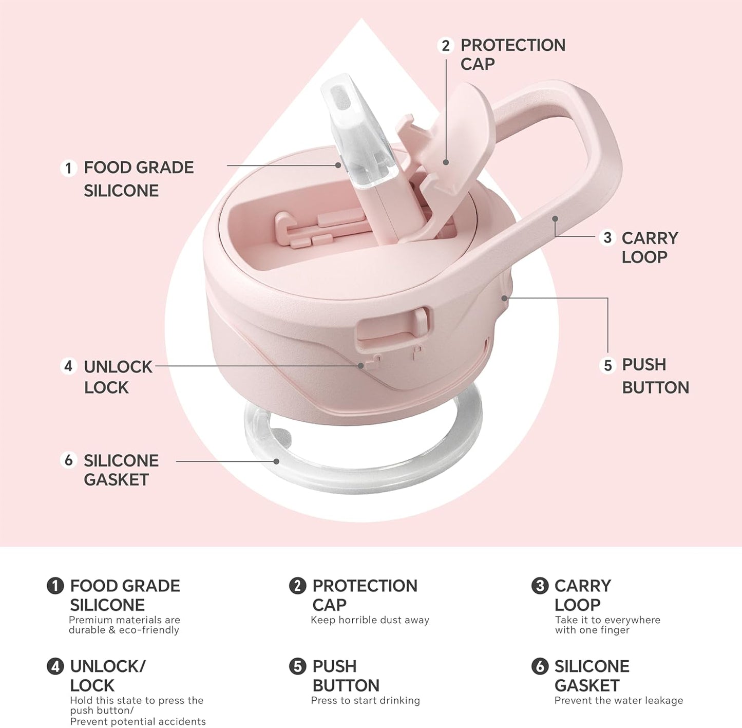 IDEUS Insulated Stainless Steel Water Bottle with 2 Leak-Proof Lids, Thermal Water Flask for Hiking Biking, 40oz, Light Pink