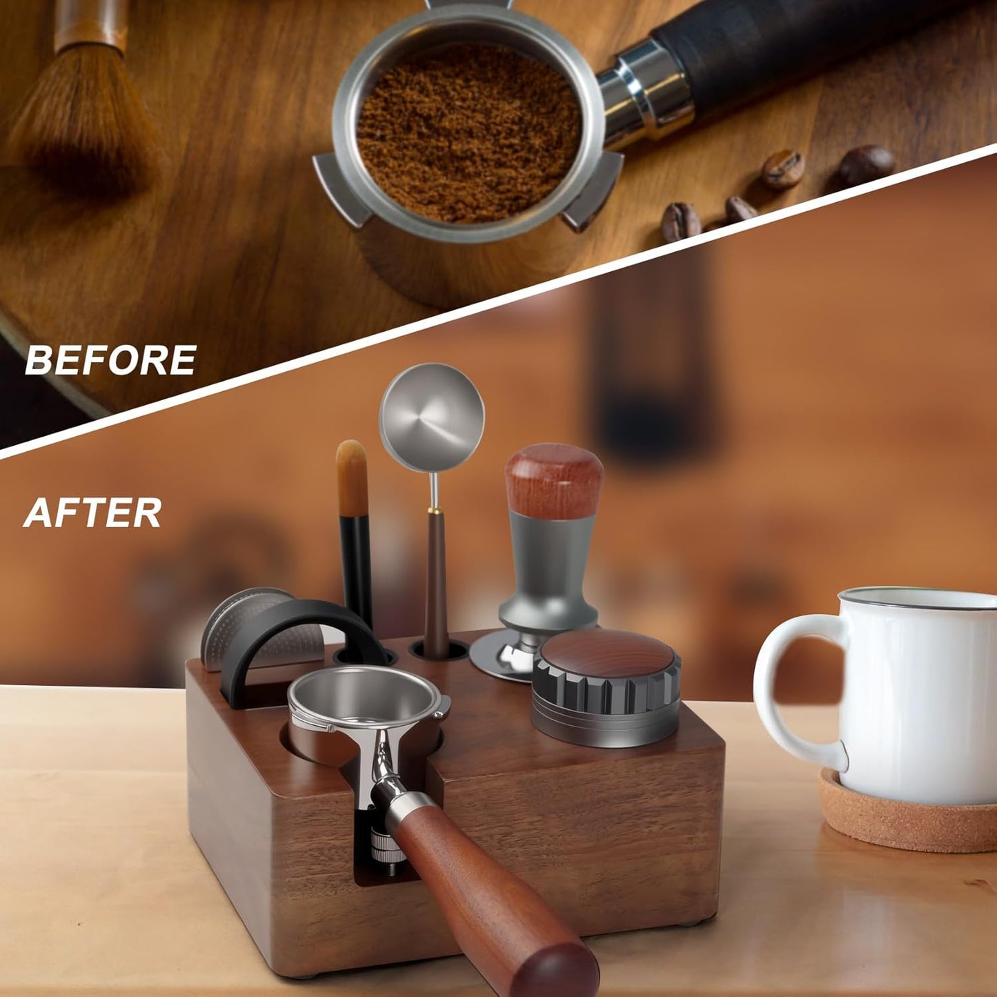 54mm Espresso Tamping Station Walnut Coffee Tamper Station Portafilter Holder,Tamper, and Distributor, Non-Slip Station for Home, Office, Restaurant
