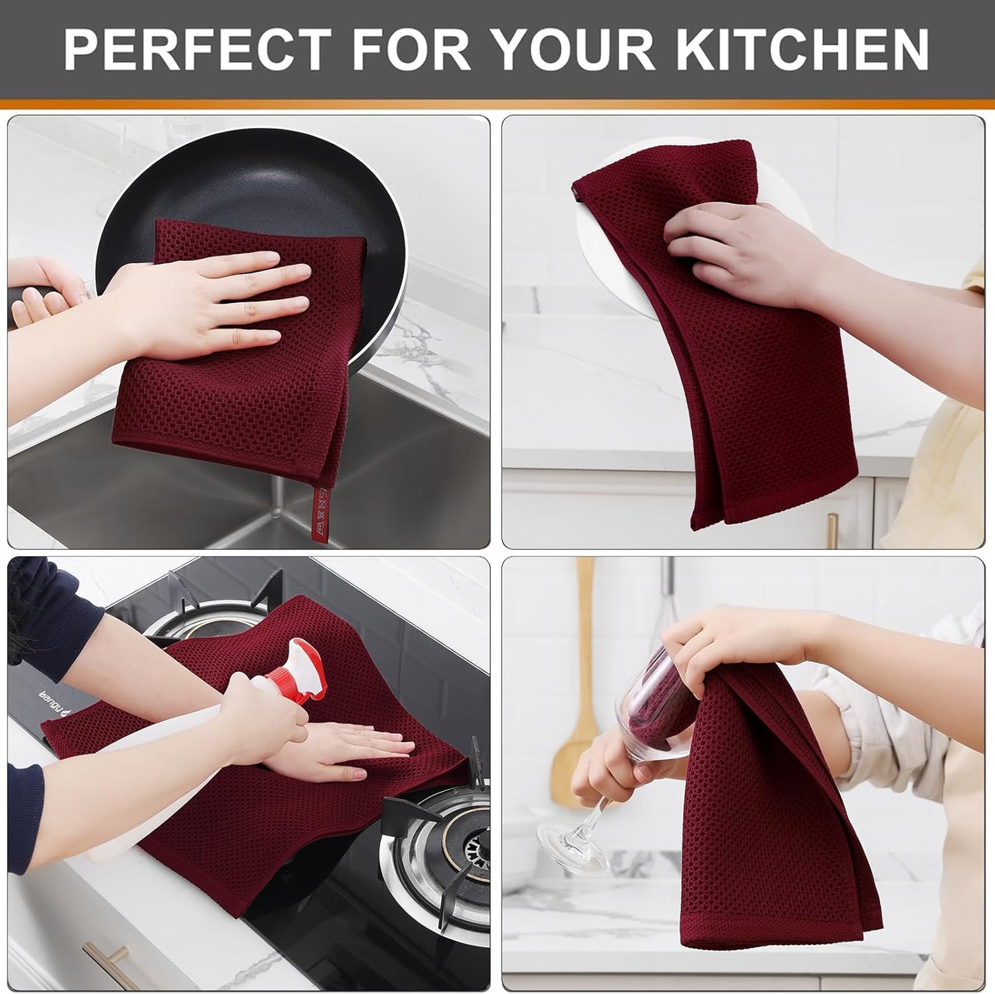 Kitinjoy 100% Cotton Waffle Weave Kitchen Towels, 4-Pack Super Soft and Absorbent Dish Towels for Drying Dishes, Kitchen Hand Towels, 13 in x 28 in, Burgundy