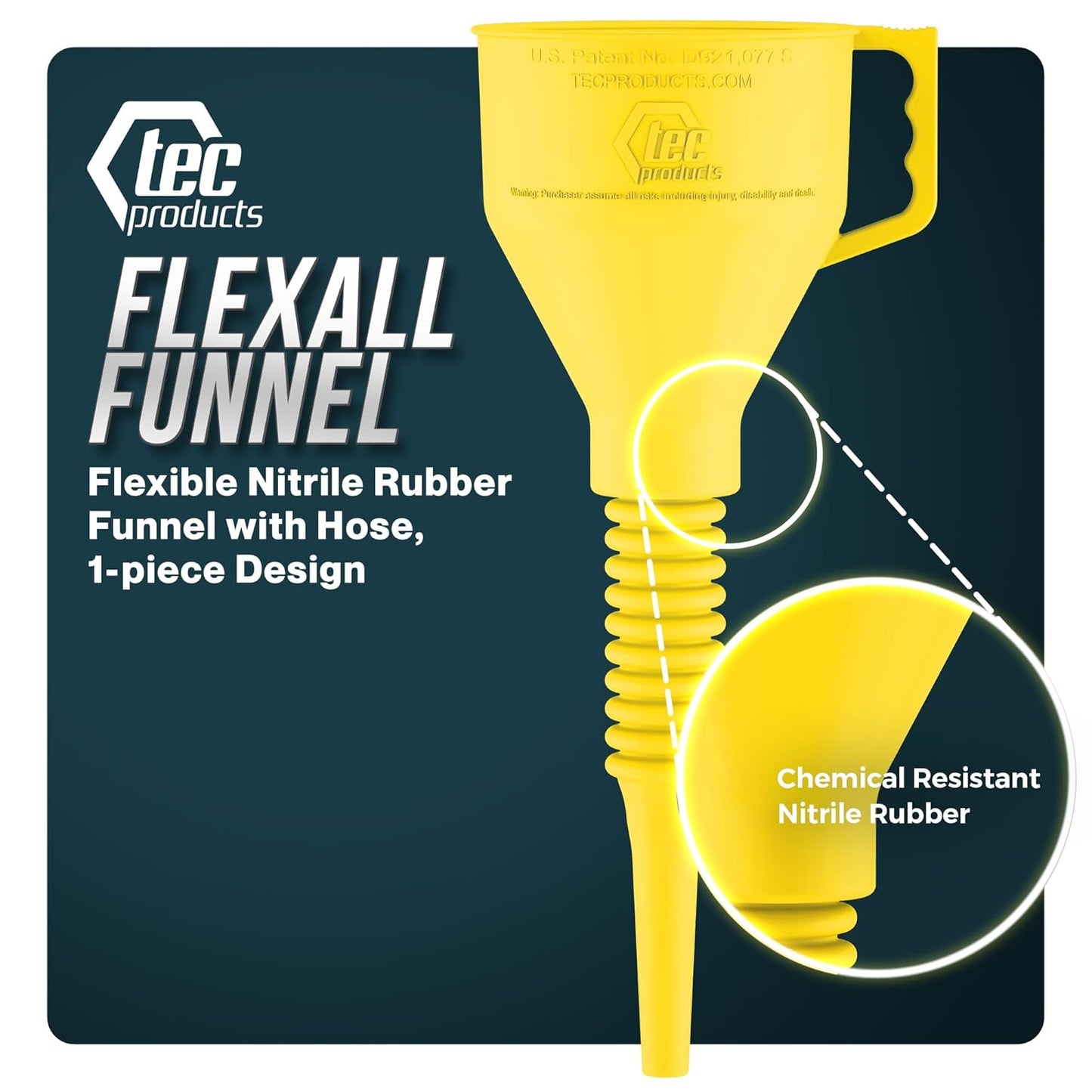 FlexAll Long Flexible Funnel for Automotive Use - Durable Nitrile Rubber - Ideal for Car Oil Change, Transmission Funnel Fluid, Diesel, Fuel, Gas - Made in USA - Yellow (16 x 5 Inches)