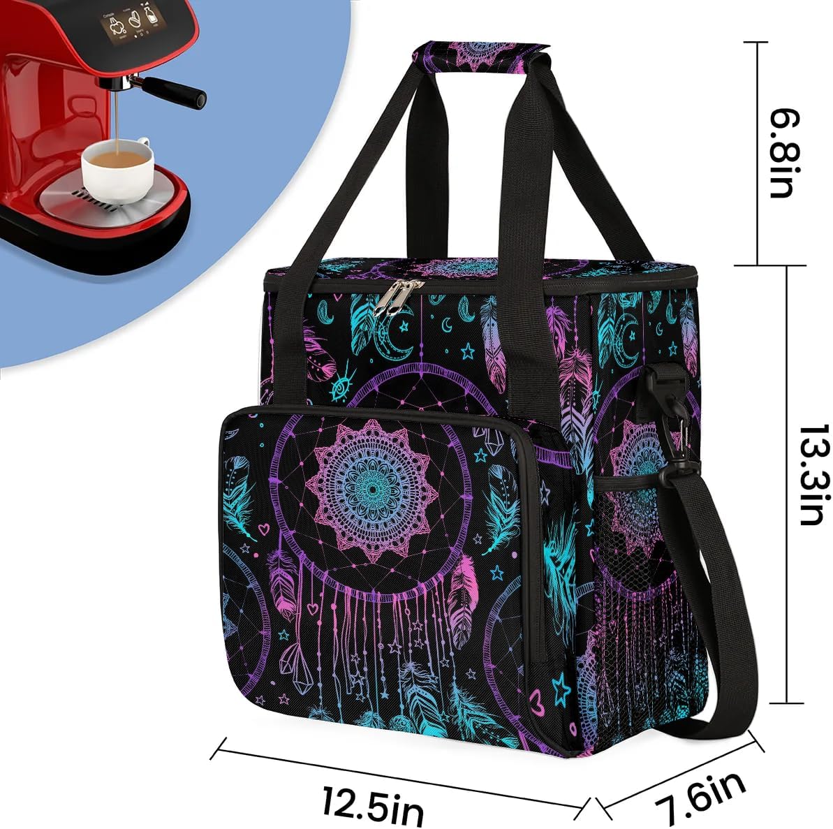 Dreamcatcher Feather Coffee Maker Carring Bag Travel Carrying Storage Tote Bag Compatible with Keurig K-Mini or K-Mini Plus Portable Single Serve Coffee Brewer Case with Pockets for K-cup Pods