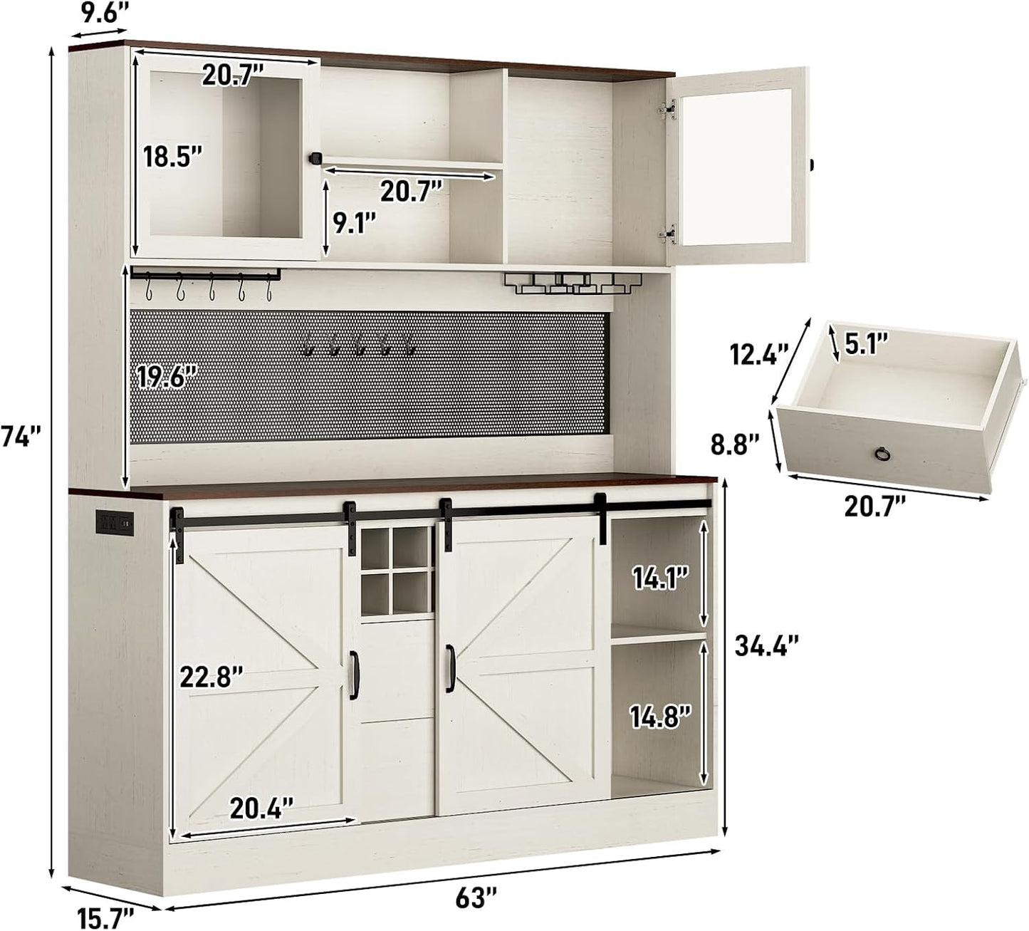 74" Tall 63" Wide Large Coffee Bar Cabinet w/Outlet,6000-color LED Light,Pegboard,Farmhouse Hutch Cabinet w/Barn Door,2 Big Drawers,Adjustable Shelves,10 Wine & Glasses Rack,5 Hook for Kitchen