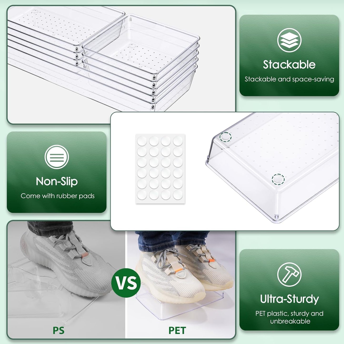 Criusia Drawer Organizer Set, Acrylic Non Slip Non Cracking Kitchen Drawer Storage Tray Large Size Divider, Multifunctional Storage for Cosmetics, Bathroom, Tools, Kitchen and Office (8 PACK)