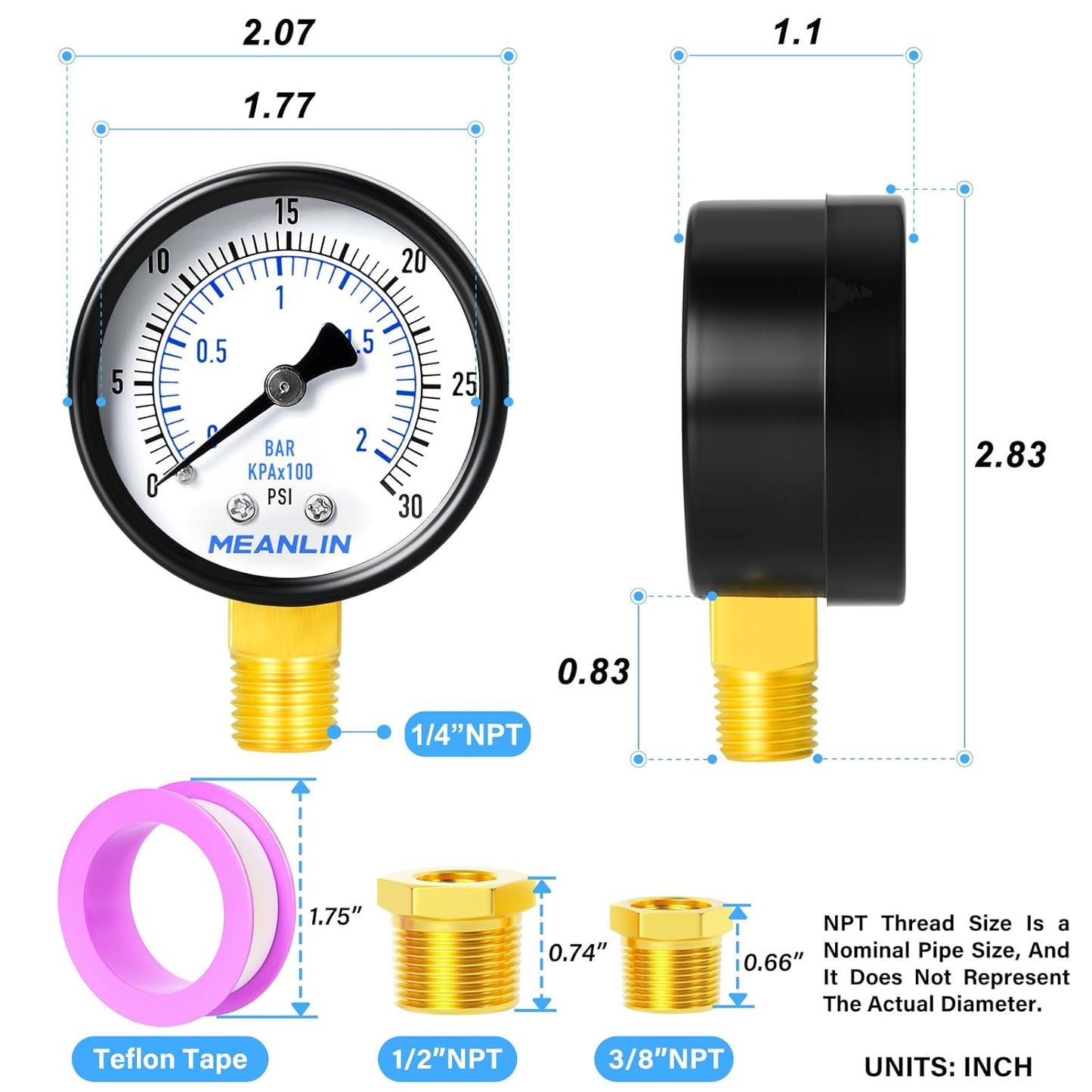 MEANLIN MEASURE 0-30Psi 2" DIAL FACE 1/4" NPT Well Pump Pressure Gauge, with 1/2" NPT and 3/8" NPT Hex Bushing, 3-2-3% Accuracy, Lower Mount